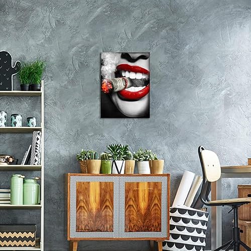 Miniatura 4 de Arte de pared de labios rojos, póster moderno y sexy impreso en lienzo decorativo moderno giclée, arte de mujer fumando, imagen de cigarro,