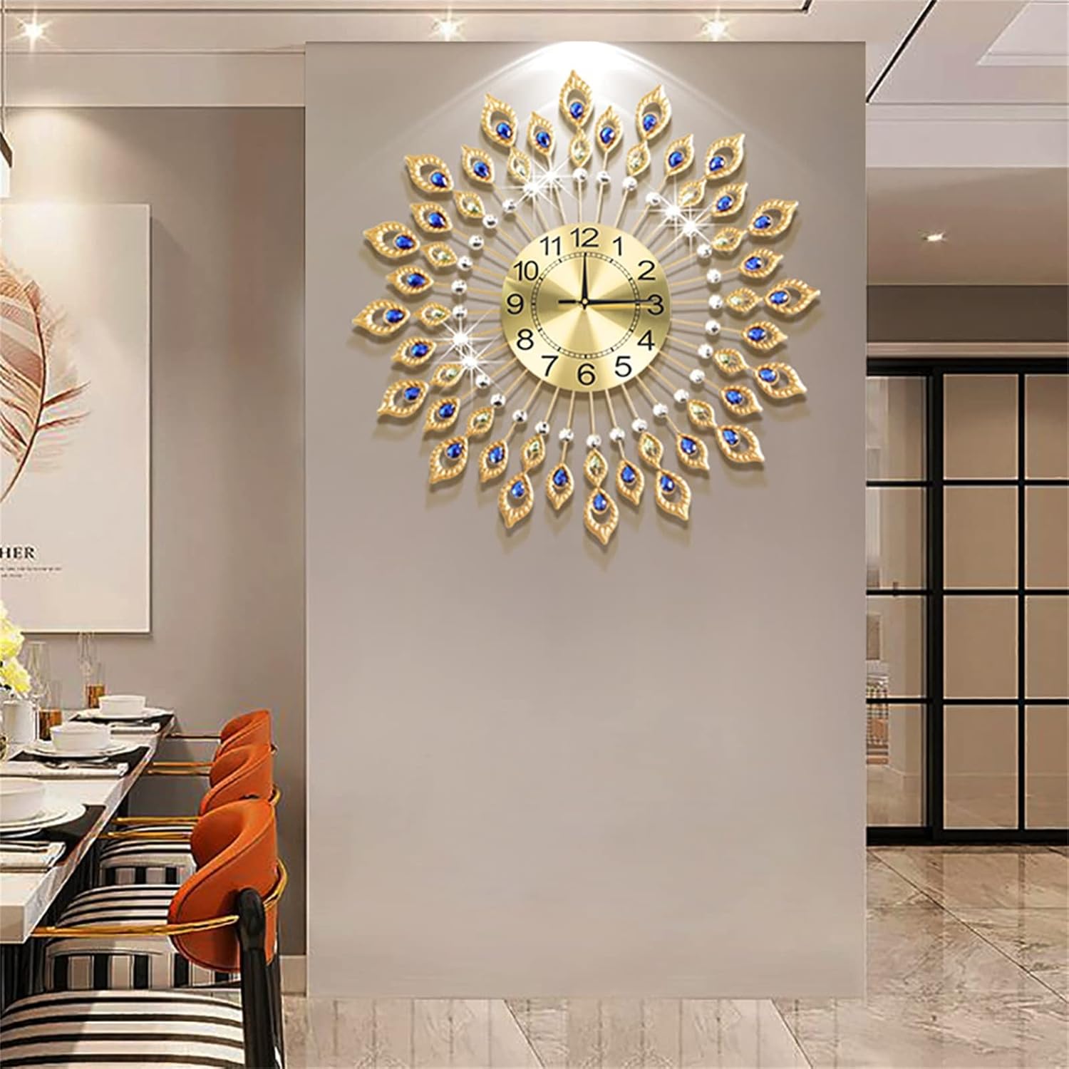 DYRABREST Wall Clocks Crystal Modern Elegant Design for Living Room Decor Large, with Dial Arabic Numberals Non-Ticking Silent Shining Round Decorative Wall Clocks Gold 26.38 Inch