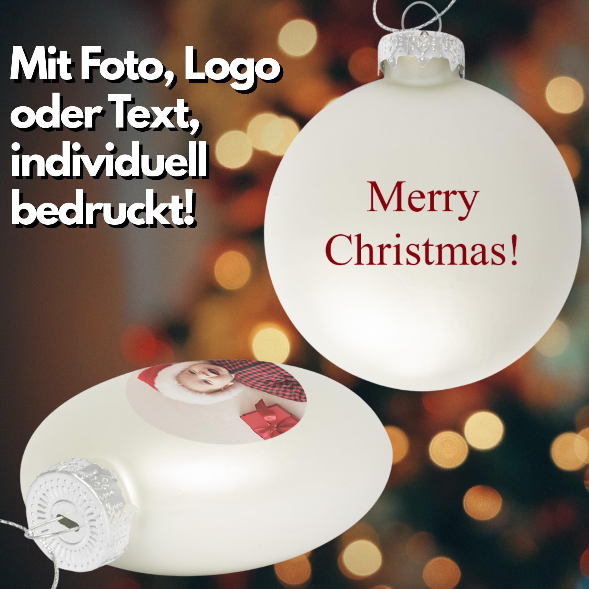 Personalsierte Weihnachtskugeln - Weihnachtskugel Bedruckt mit deinem Foto, Logo oder Text - Ø 9cm aus Glas - Christbaumkugel mit Digitaldruck (Seidenmatt) (12, Silber)