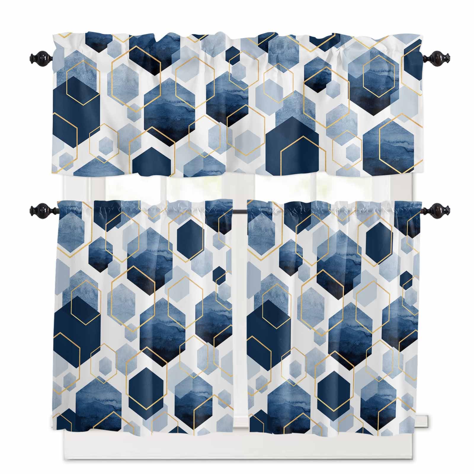 Navy Blue Marble Kitchen Curtains 36 Inch Length, 3 Piece Rod Pocket Small Half Tiers and Valance Set, Gold White Geometric Hexagon Modern Small Large Window Treatment Decor for Bedroom/Bathroom Sink