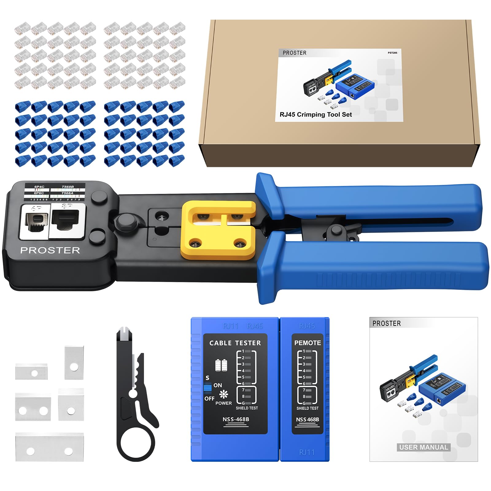 Proster Pince à Sertir RJ45 Professionnelle Kit Réseau – Outil Sertissage Ethernet Cat6 Pass Through avec Testeur, 50 Connecteurs Plaqués Or, Installation Maison Bureau Technicien