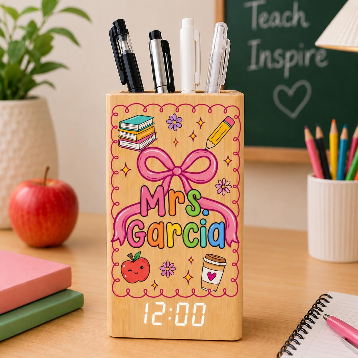 Personalized Teacher Wooden Pen Holder With Clock - Custom Name Desk Organizer Cute Bow Pencil Holder Appreciation Gift for Classroom