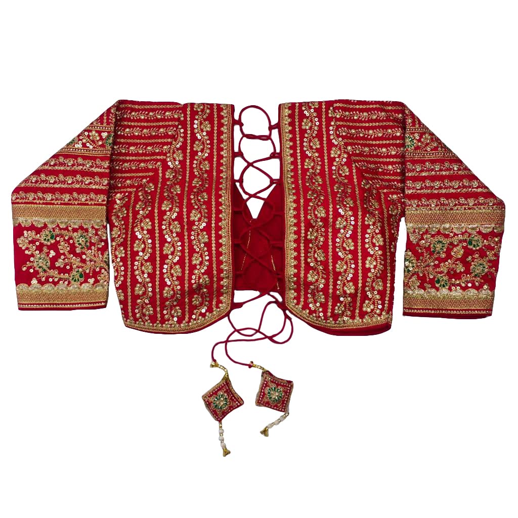 Pujia Mills Women's Heavy Embroidery Coding With Sequins Work 3/4Th Sleeves Fancy Readymade Saree Blouse(Missy Red_38)