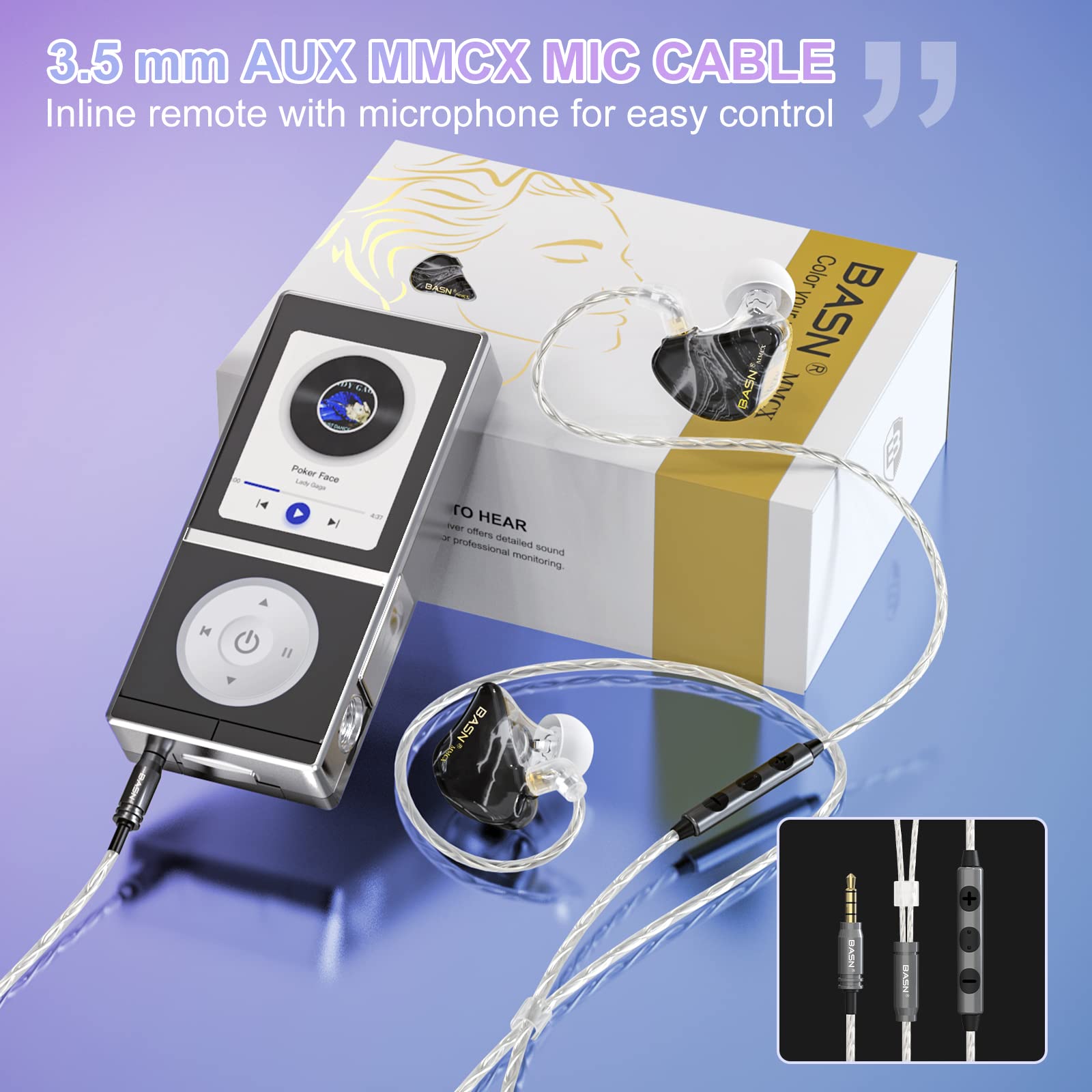 BASN MMCX Moniteurs intra-auriculaires triple pilote basses riches, écouteurs HiFi stéréo IEM câbles amovibles améliorés pour audiophiles musiciens (porcelaine noire)