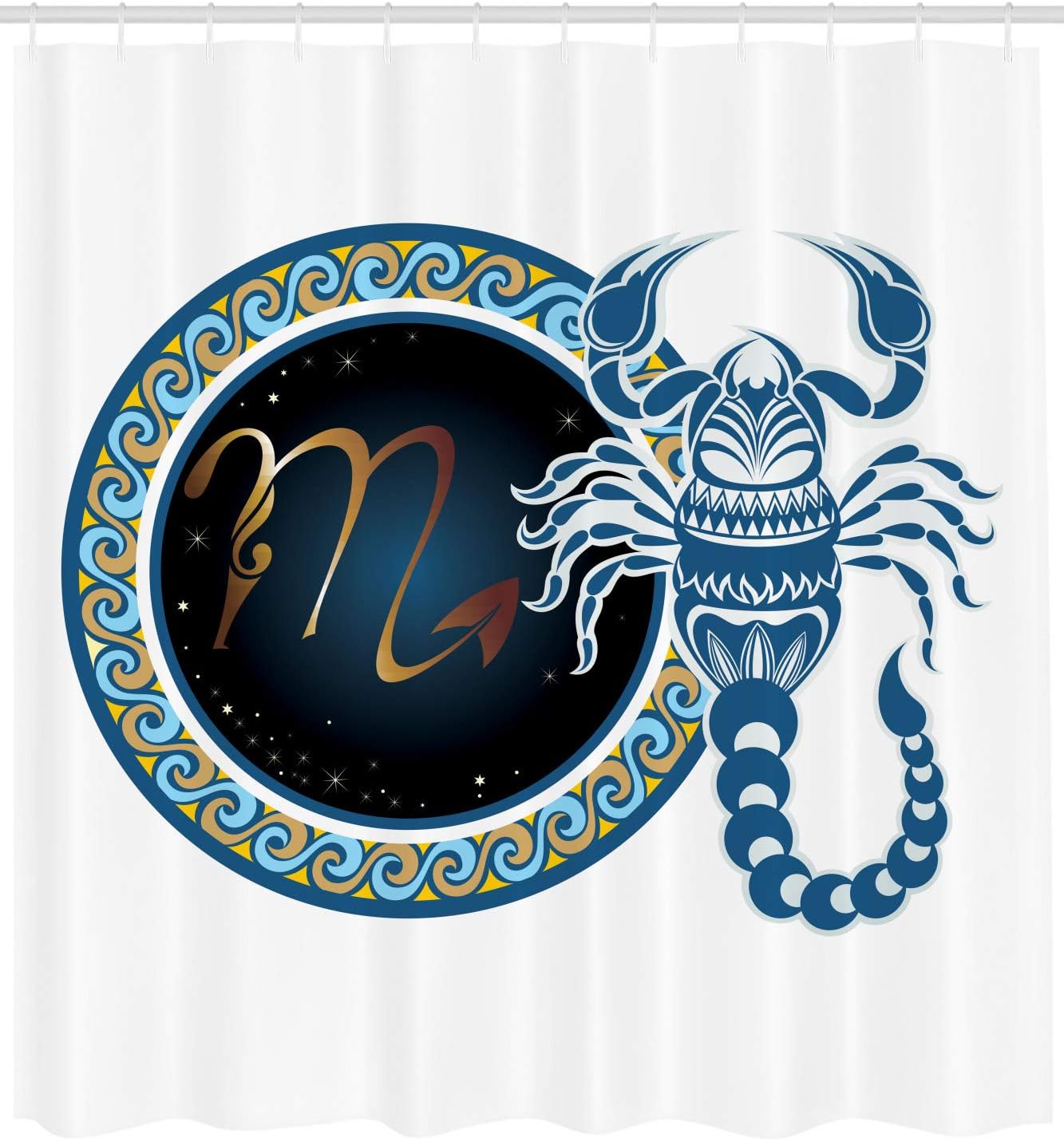 Ambesonne Zodiac Scorpio Shower Curtain, Circle Shapes with Waves Pattern and an Ornamental Scorpion, Cloth Fabric Bathroom Decor Set with Hooks, 69" W x 70" L, Brown Indigo