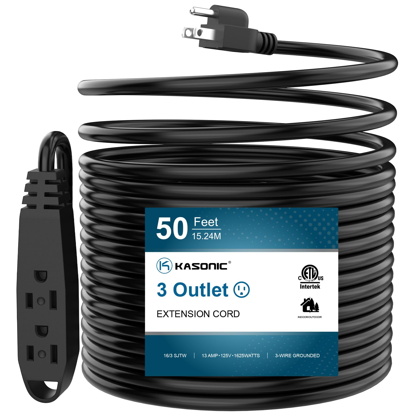 50-Feet 3 Outlet Extension Cord, Kasonic UL Listed, 16/3 SJTW 3-Wire Grounded, 13 Amp 125 V 1625 Watts, Multi-Outlet Indoor/Outdoor Use, Black