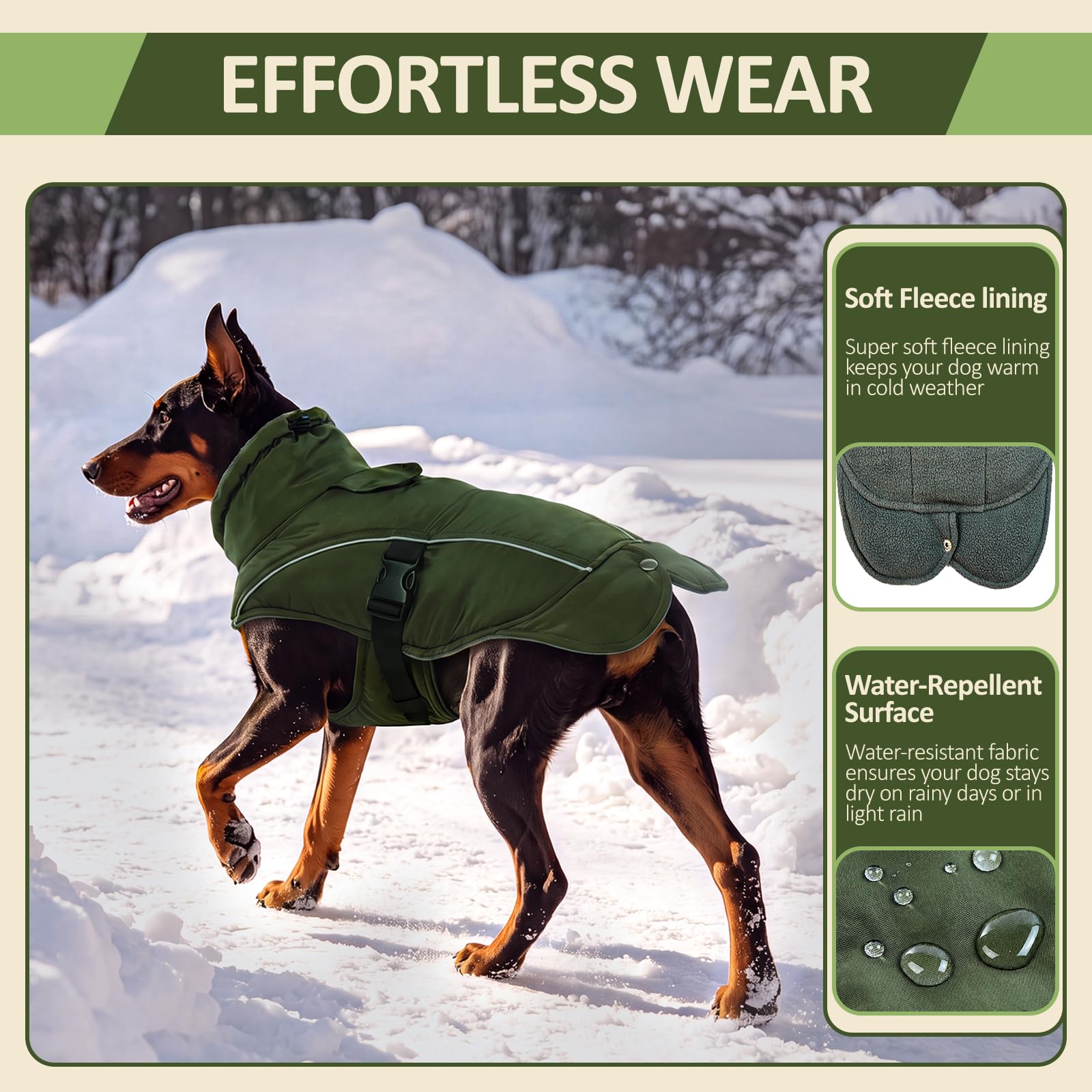 DENTRUN Abrigos para perros para clima frío, abrigo cálido para perro, resistente al viento, chaqueta acogedora para perro, chaleco de forro polar grueso, ropa repelente al agua con arnés/agujero para