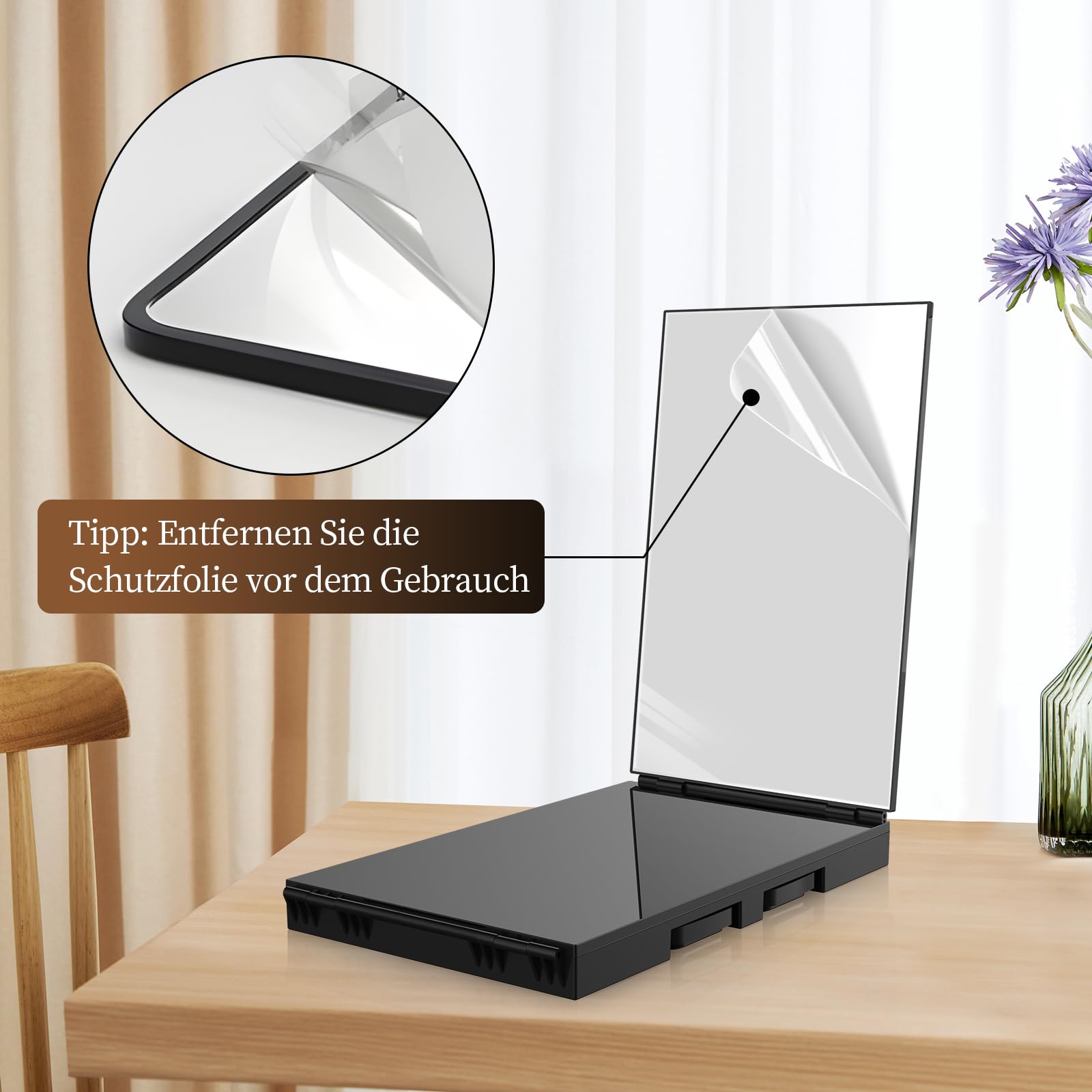 JUSRON Miroir Pliable à 360 degrés avec licth - Miroir cosmétique à Couper soi-même - Hauteur réglable avec Crochet -Noir Mat