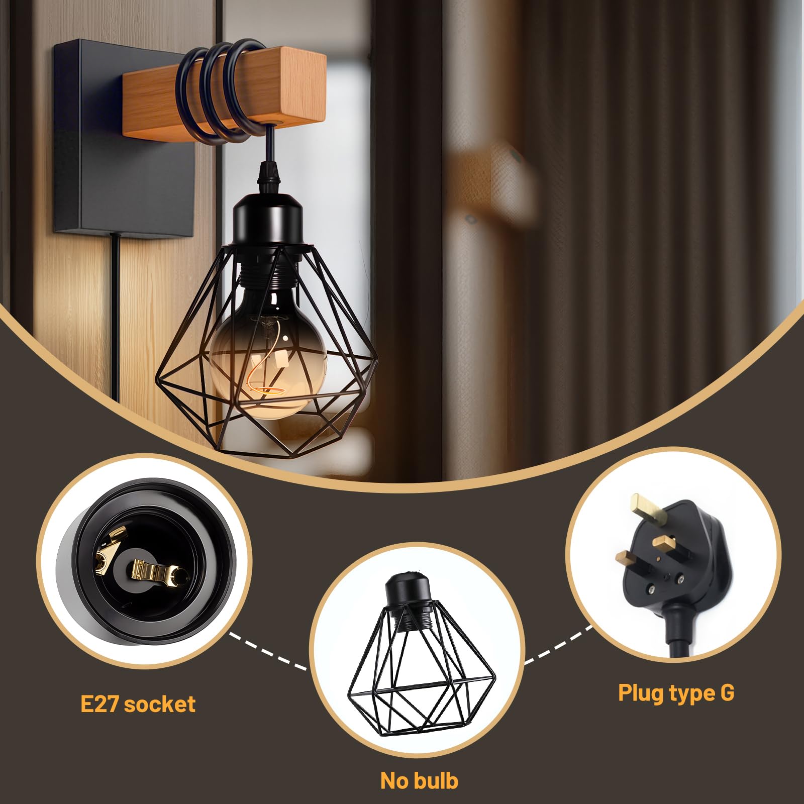 louawieng Plug in Wall Light, Dimmable Industrial Wood Wall Lamp, Black Wall Sconce with Switch Cord E27 Socket - Image 3