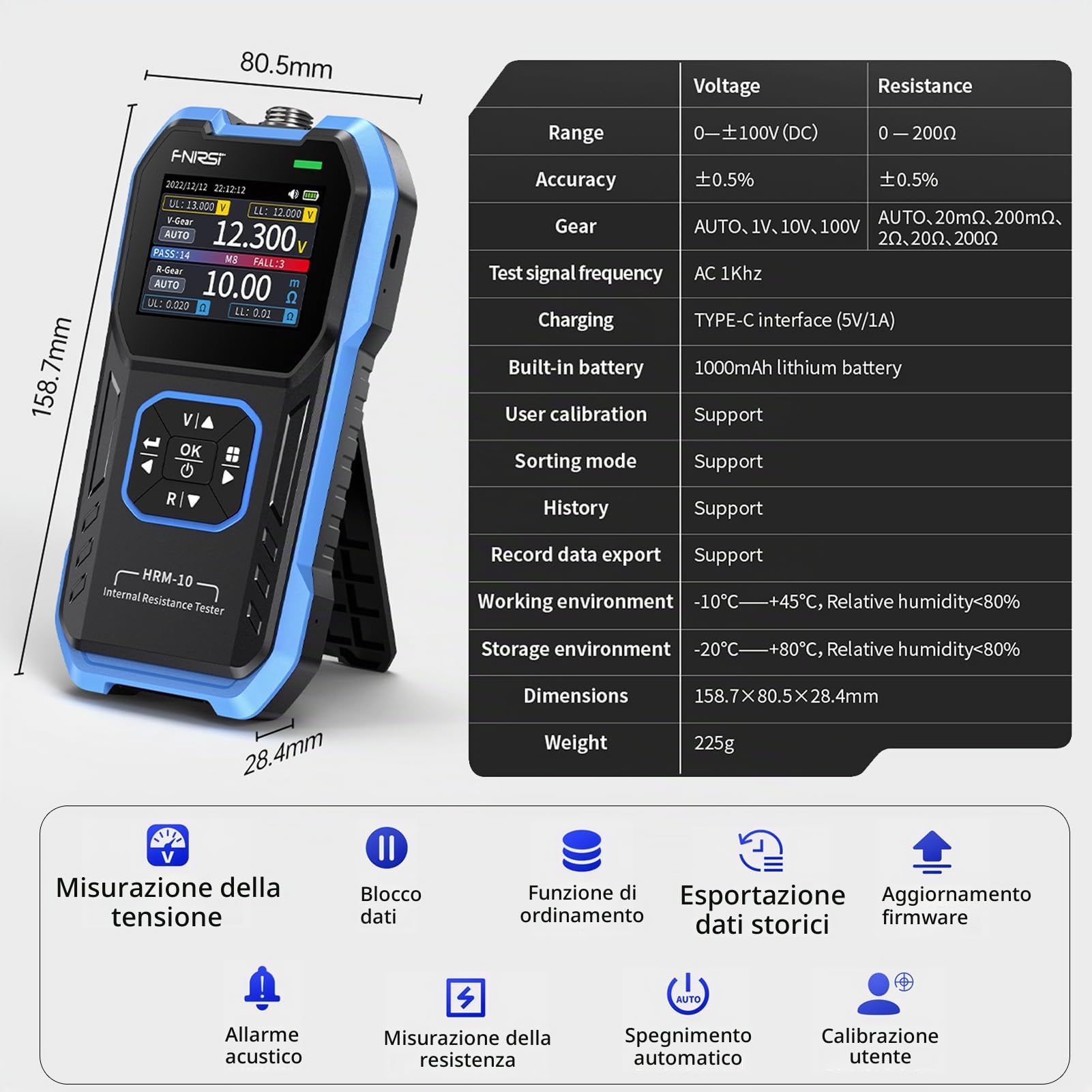 Tester di Resistenza,HRM-10 Tester Portatile Multifunzionale A 4 Fili Per Batterie 100V 200Ω Misuratore Di Resistenza Interna E Di Tensione Accurato