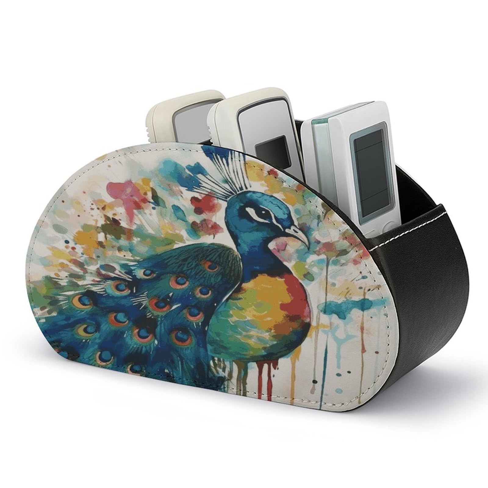 LZQPOEAS Watercolor Peacock Remote Control Holder with 5 Compartments PU Leather Remote Organizer Box Caddy for Table Nightstand Remote Caddy Desktop Organizer Fits Media Controllers