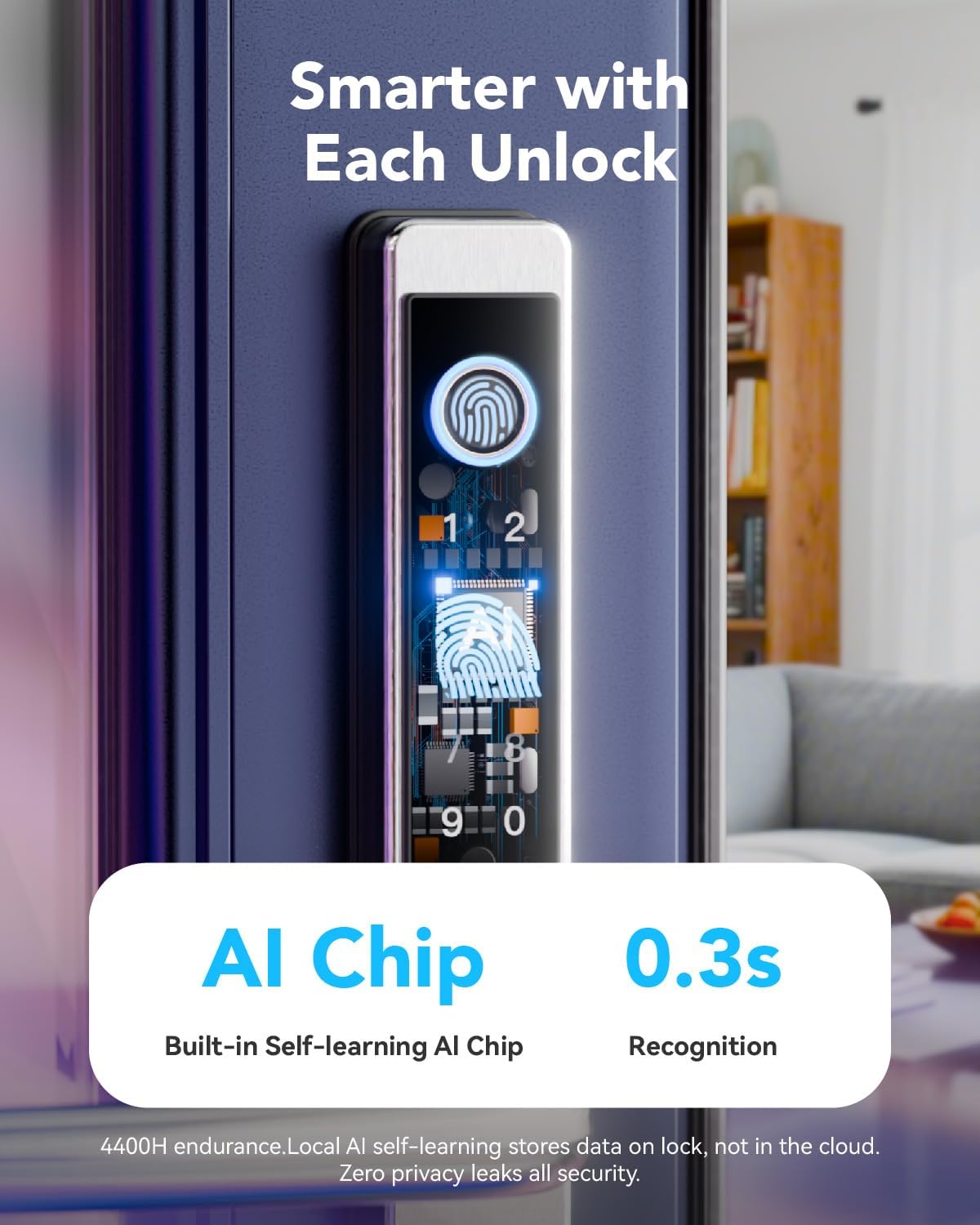 Close-up of the Blusafe Apollo 2.3 Smart Lock's fingerprint sensor and keypad, highlighting the AI chip for fast recognition.