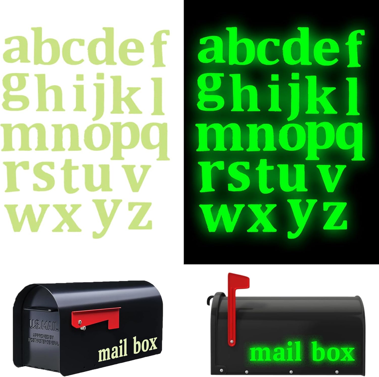 6 Sheets Mailbox Letter Stickers, Alphabet Decals for Custom House Address Names, Green Glow at Night Outdoor Vinyl Adhesive (Green(Lowercase letter), 1.28 inch)