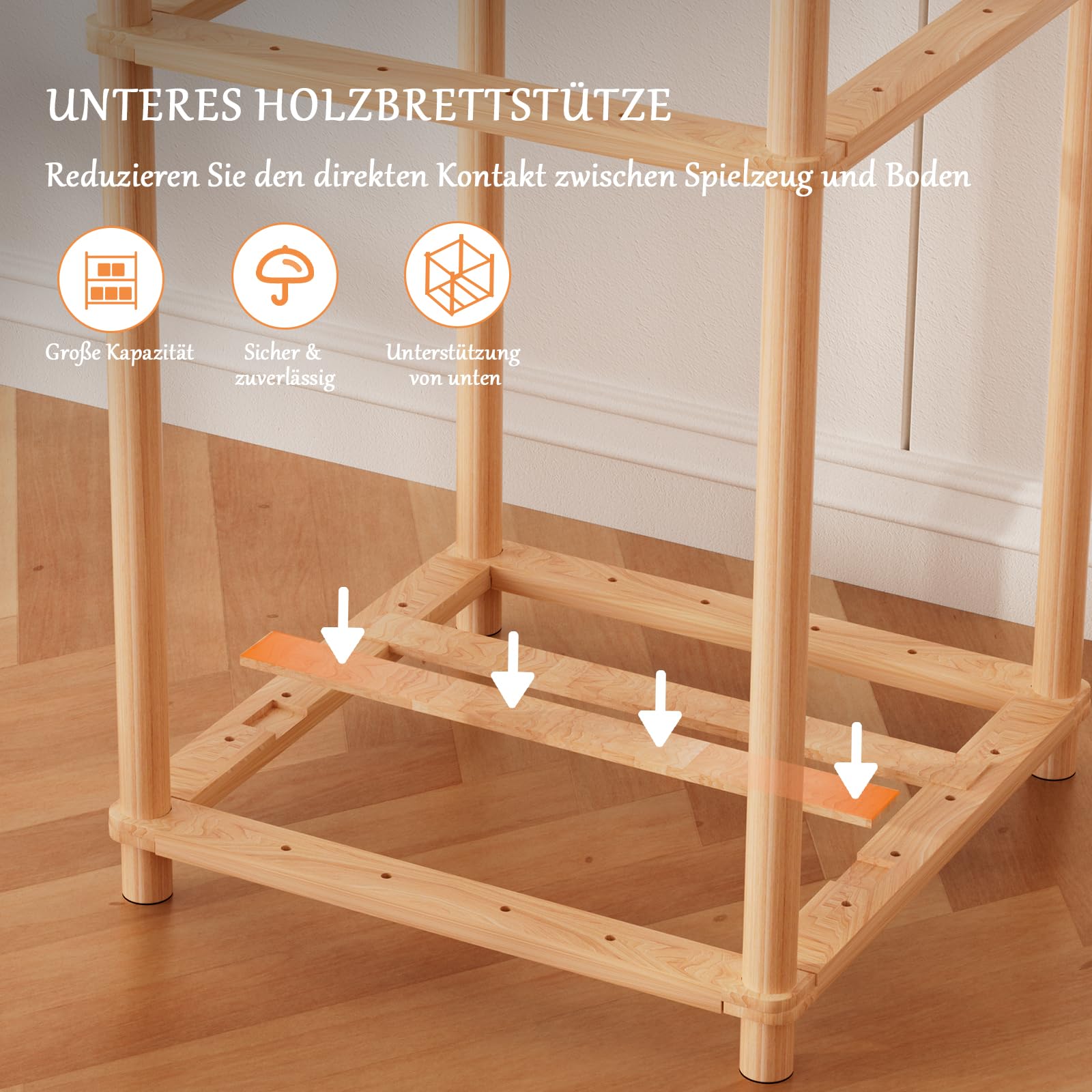 Kuscheltier Aufbewahrung mit Netz, Stofftiere & Plüschspielzeug Massivholz Organizer, Großes Fassungsvermögen Aufbewahrungsregal für Kinderzimmer, Wohnzimmer & Schlafzimmer 137x40x40cm