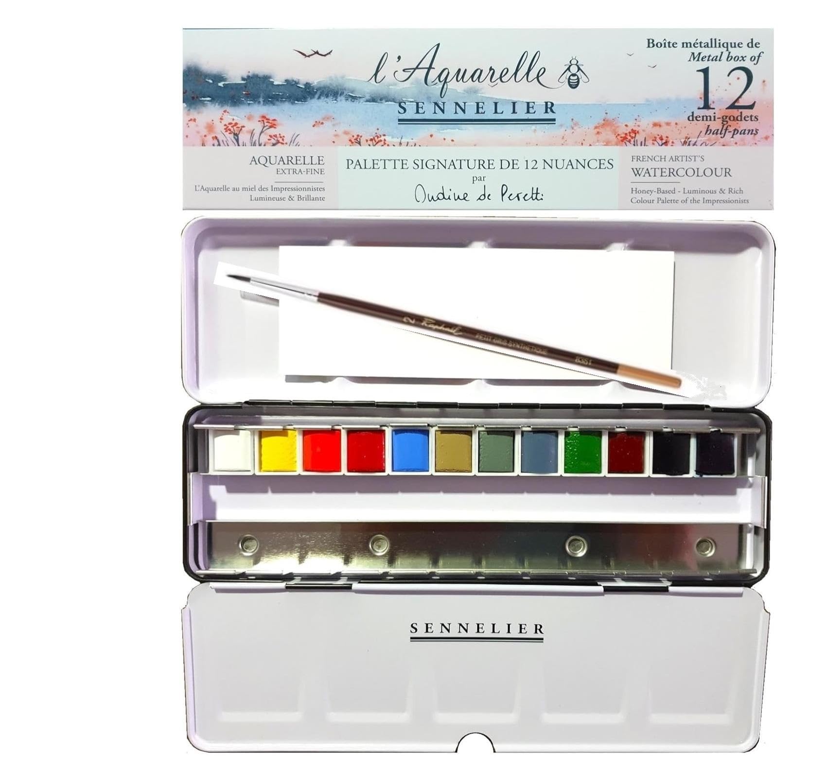 Sennelier Scatola di Pittura Acquarello Extra-Fine Set Ondine di Peretti .12 Mezzo Benne + Pennello e 1 carta