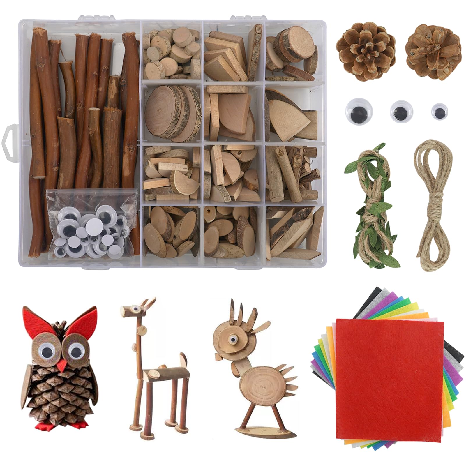 Luabue 163Pcs Wood Slices for Crafts 2-5cm Small Wooden Discs Unfinished Log Wooden Circles Wood Sticks for Crafting Pine Cones Branches Twigs Craft Kit with Felt Fabric for Classroom Art Project