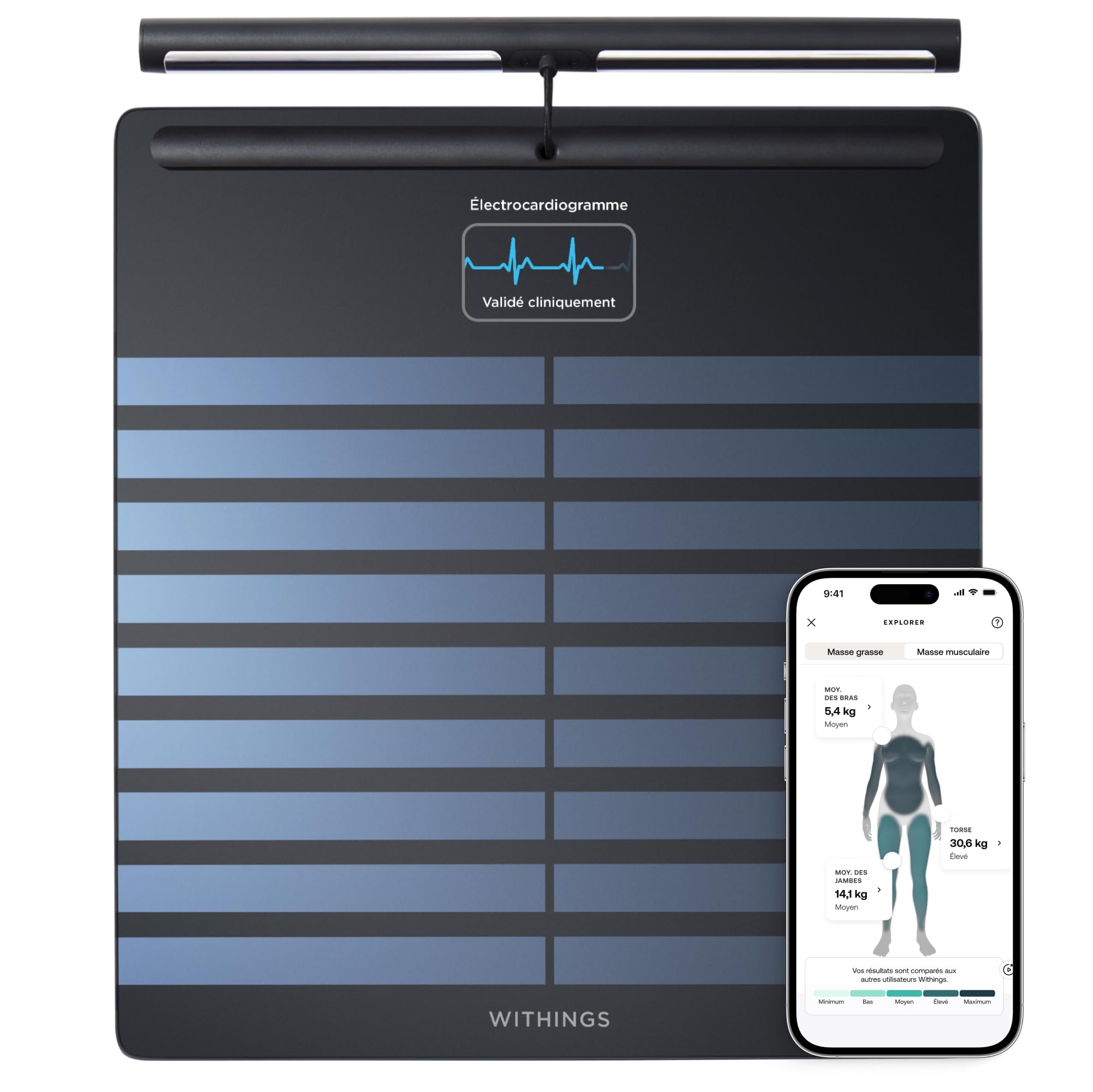 WITHINGS Body Scan - Balance connectée Wi-Fi pour améliorer sa santé, pèse personne, analyse de composition corporelle, masse graisseuse, musculaire, hydrique, Électrocardiogramme, Noir