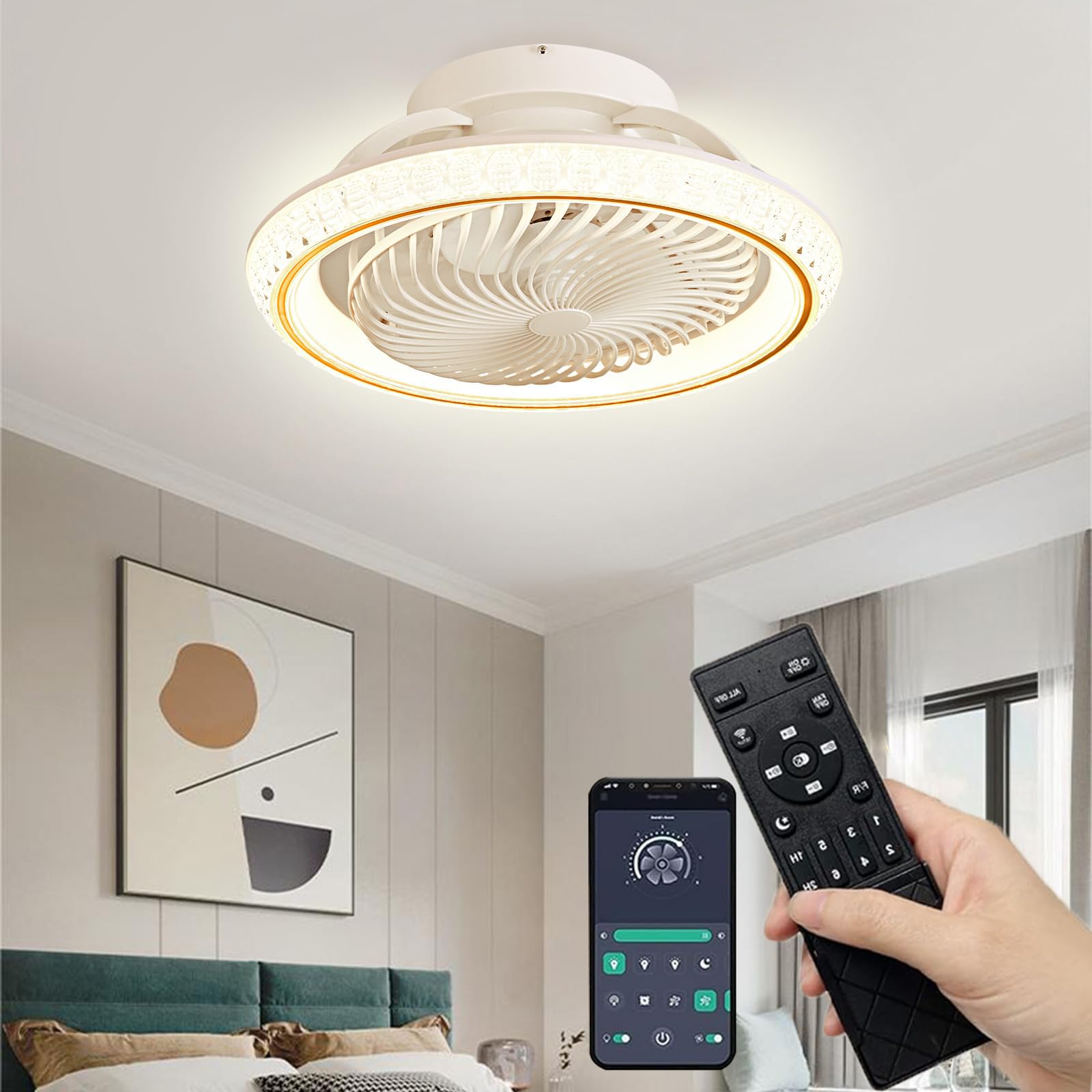 LED Deckenleuchte mit Ventilator, 72W Dimmbar Timer, Fernbedienung, 360° Drehung, Gold 49cm