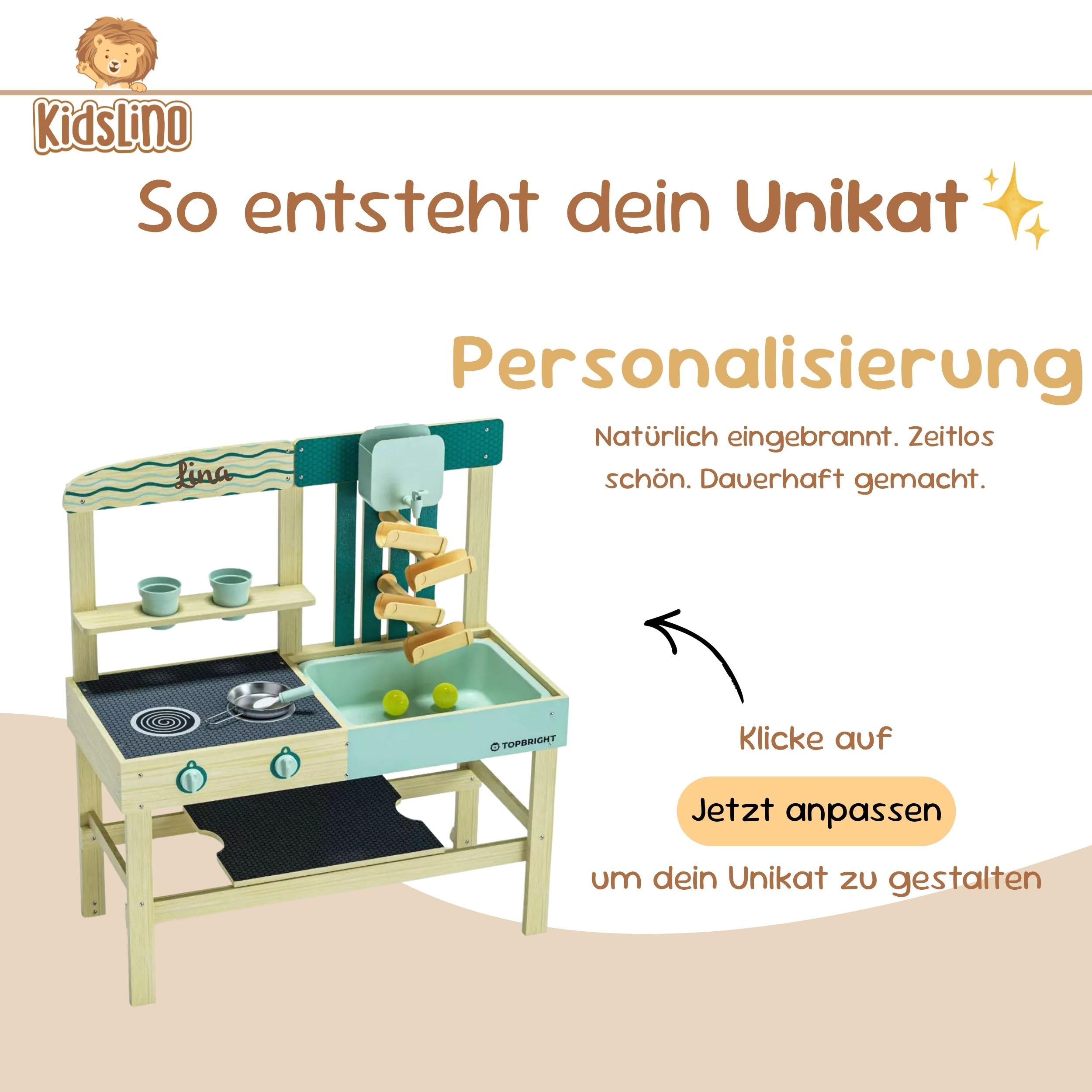 Cocina de juego personalizable para niños al aire libre con depósito de agua y accesorios de madera – Juguete de jardín para niños a partir de 3 años, juguete de exterior con pista de agua, accesorios