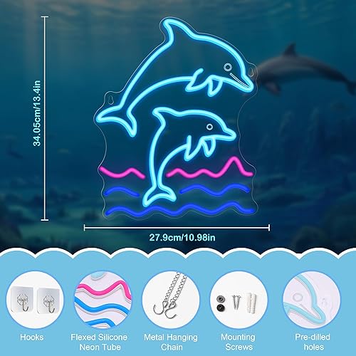 Miniatura 8 de Letrero de neón de delfín, decoración de pared de lámpara de delfín, decoración de fiesta de cumpleaños regulable para el hogar, patio, jardín,