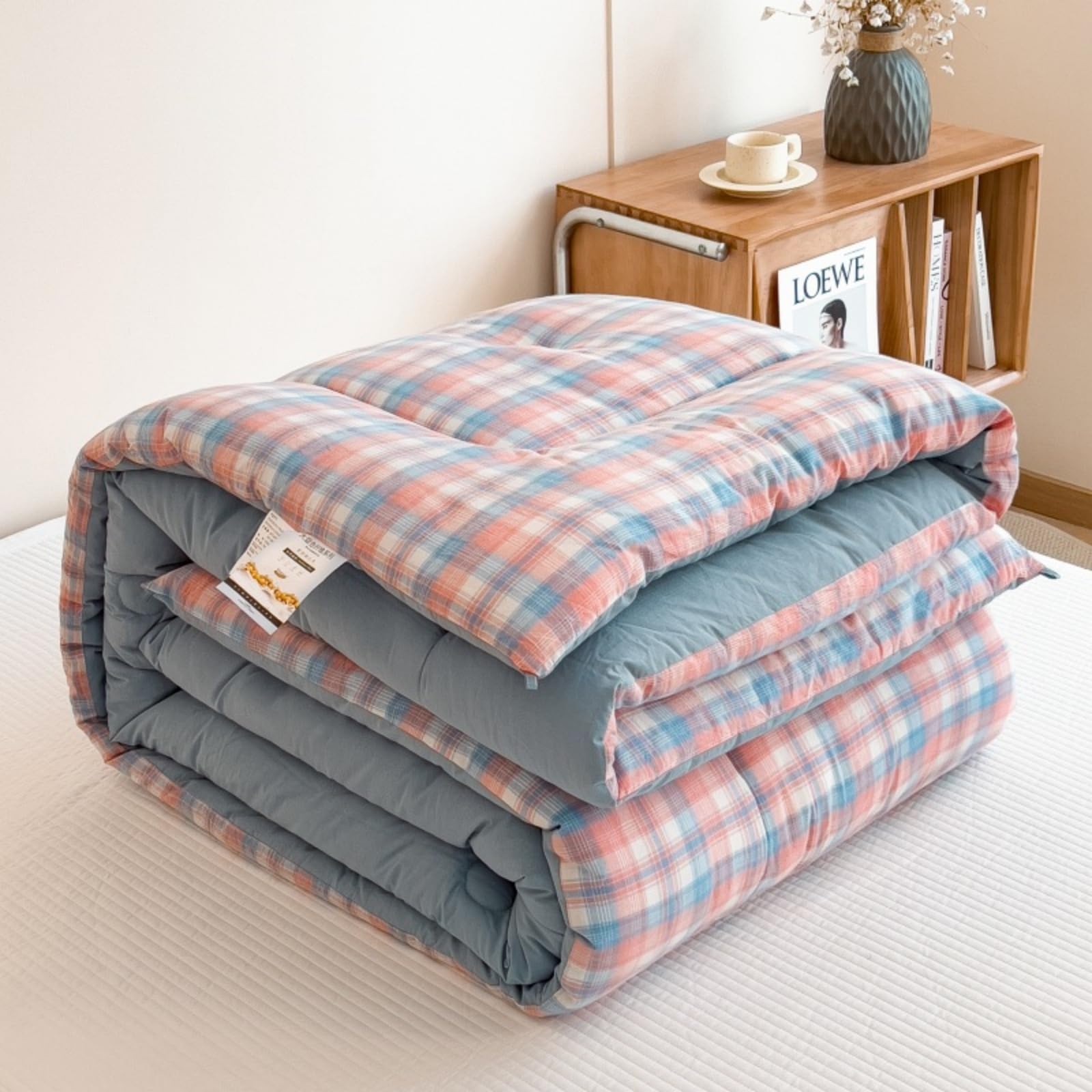 Odot Coverless Duvet 10.5 Tog Single Double King Size, Reversible Soft Quilted Coverless Duvet Cosy and Lightweight Quilt Breathable Winter Duvets Quilted Throw for Beds (BK18 Pink Check,150x200cm)