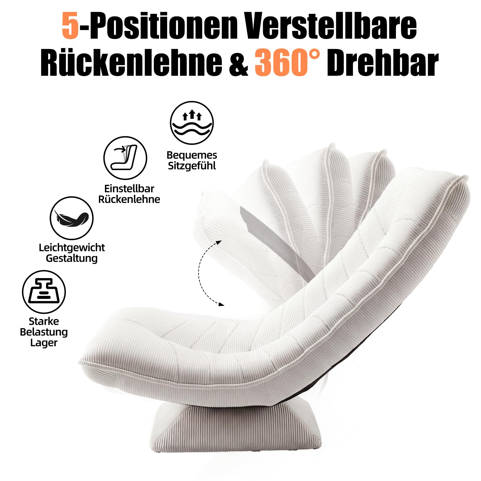 Poltrona da soggiorno con schienale regolabile, girevole a 360° | Senza montaggio, velluto a coste, cuscino da 13 cm, schienale regolabile, portata 150 kg, pieghevole salvaspazio, beige
