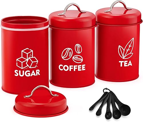 LIANYU Juego de 8 recipientes para encimera de cocina, vintage, café, té, azúcar, juego de botes metálicos con tapa, cucharas medidoras, decoración