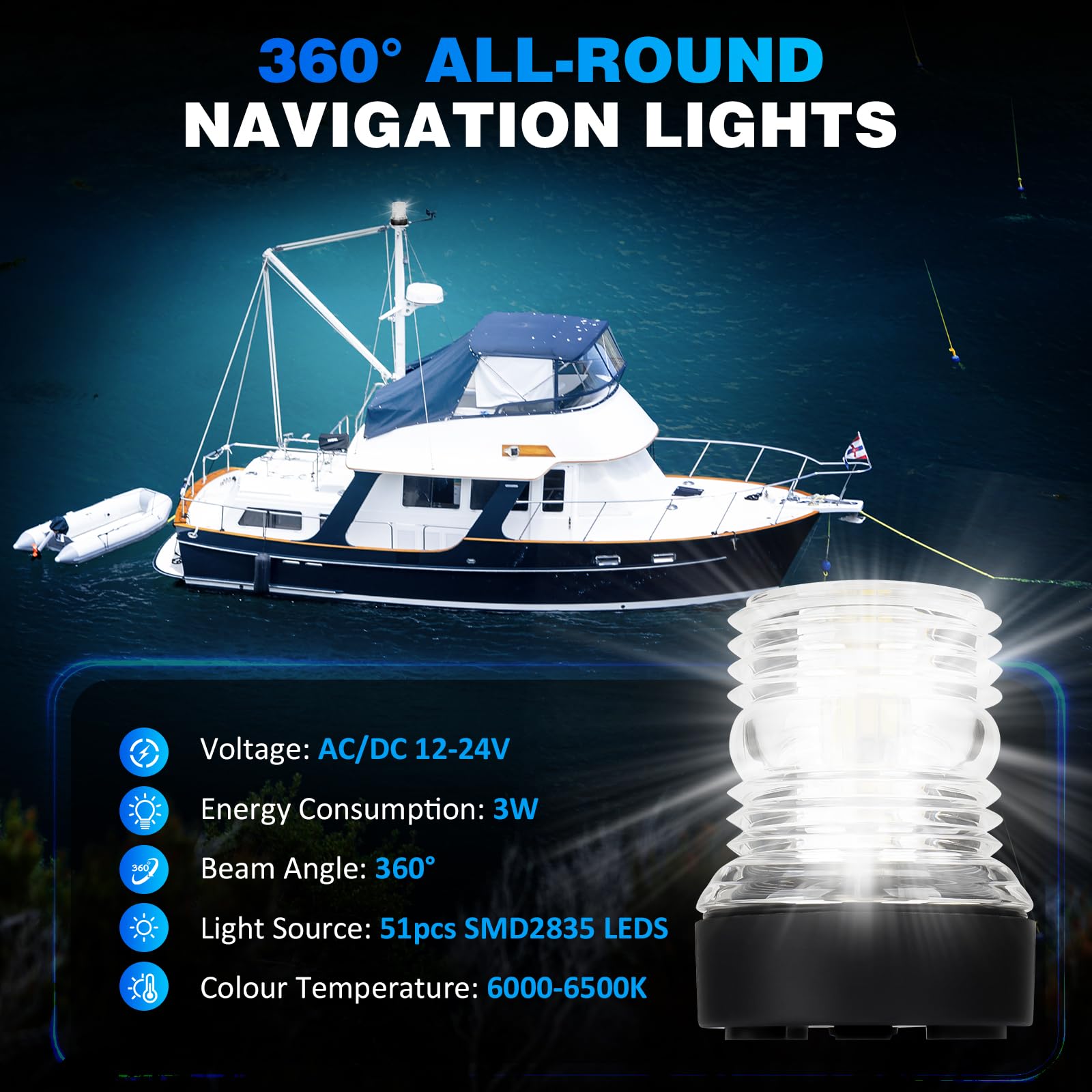 SETYPARY Mast Head Anchor Light, 3NM Visibility 360° Boat All Round Light, White LED Boat Navigation Lights for Marine, Sailboat, Pontoon, Cabin Cruiser Boats and Fishing Boats
