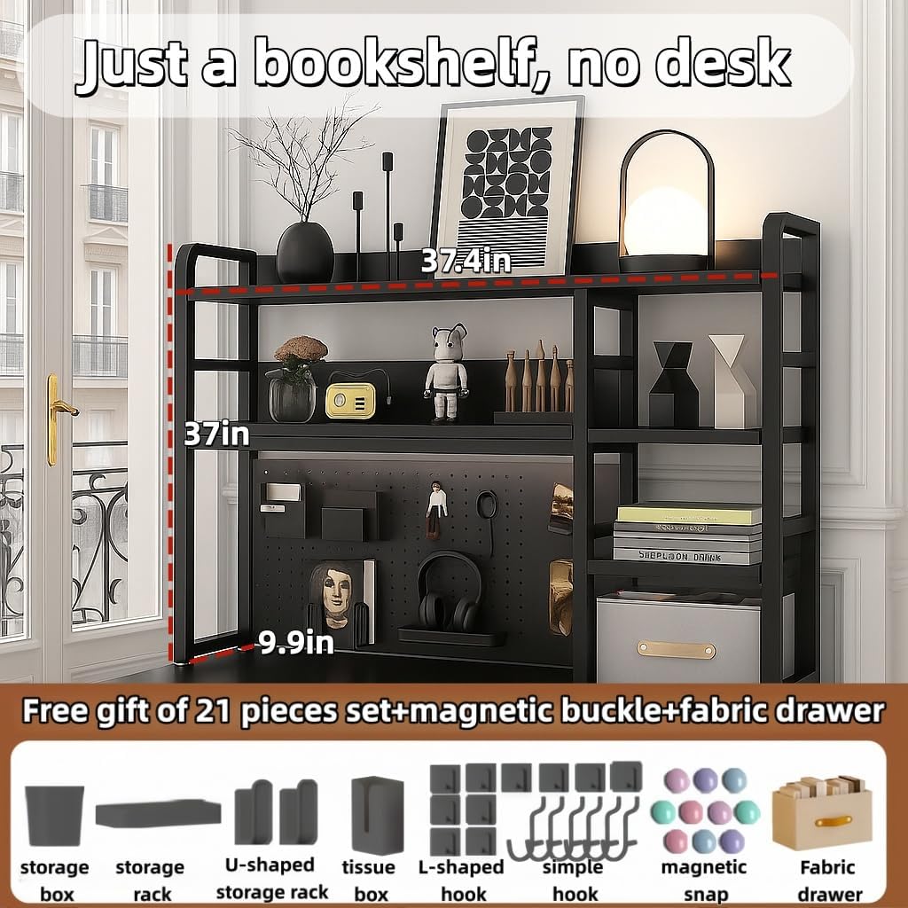 Desktop Bookshelf, pegboard Storage and Organization Rack, Dorm Desk Shelf, Desk Hutch, Desktop Storage for Office, Study, Student Display Rack,Desktop Shelves (Black 37.4" Lx9.9 Wx37 H)