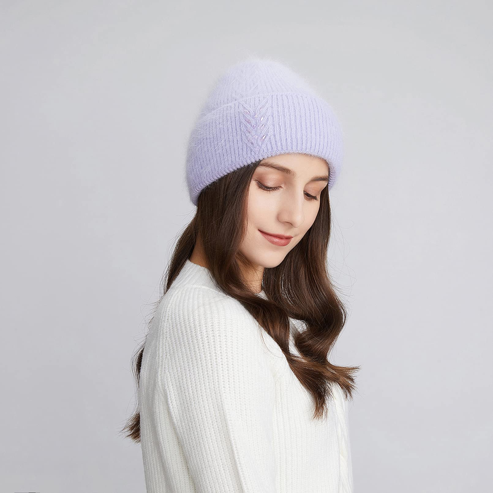 BeFur Bonnet à pompon en cachemire pour femme - Chaud - Côté large avec strass - Pour l'hiver, Violet, Taille unique