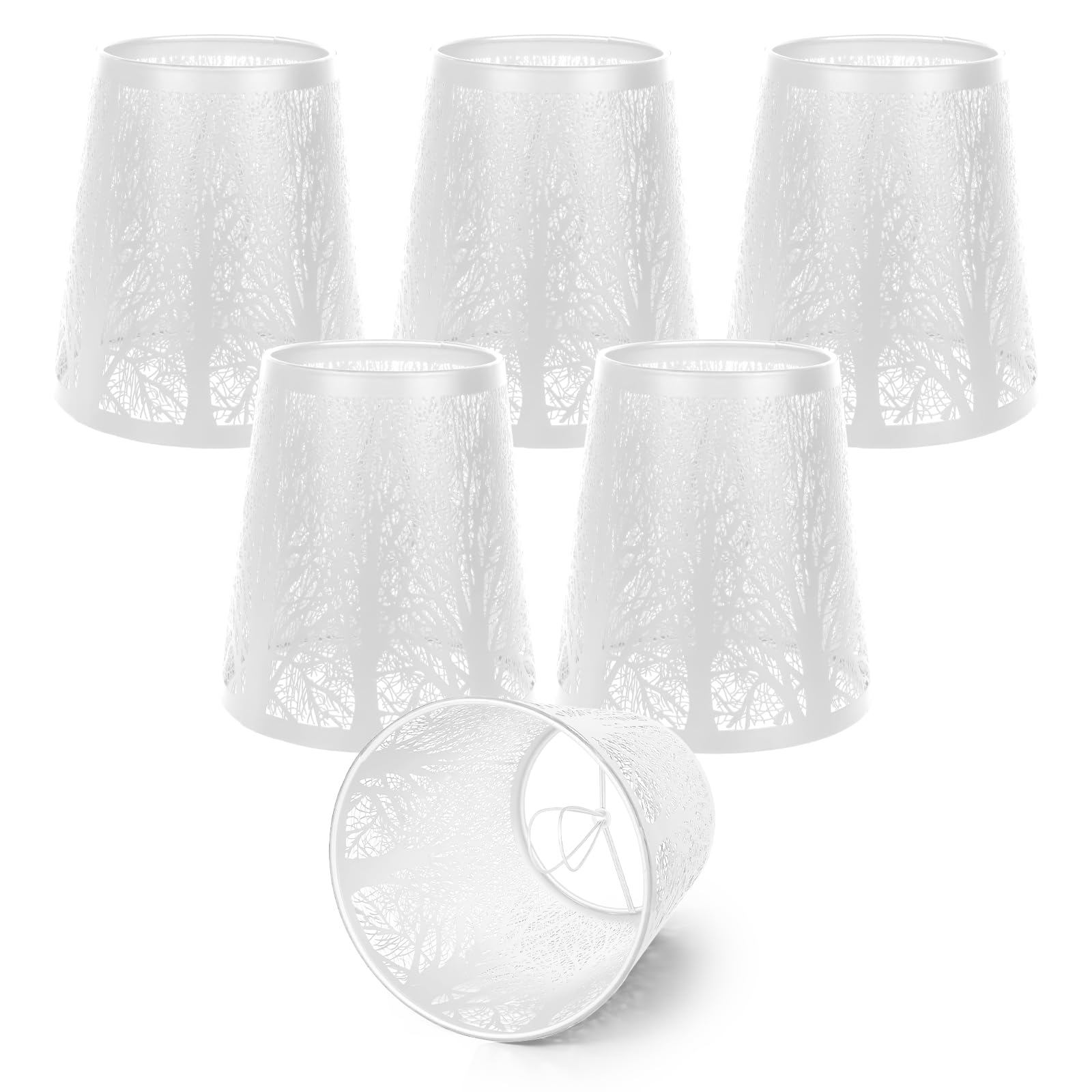 6 Pack Clip On Lamp Shades for E14 Candle Bulbs, White Metal Small Lampshades with Hollow Tree Pattern, Replacement Light Shades for Wall Lights, Chandeliers, Bedside and Table Lamps