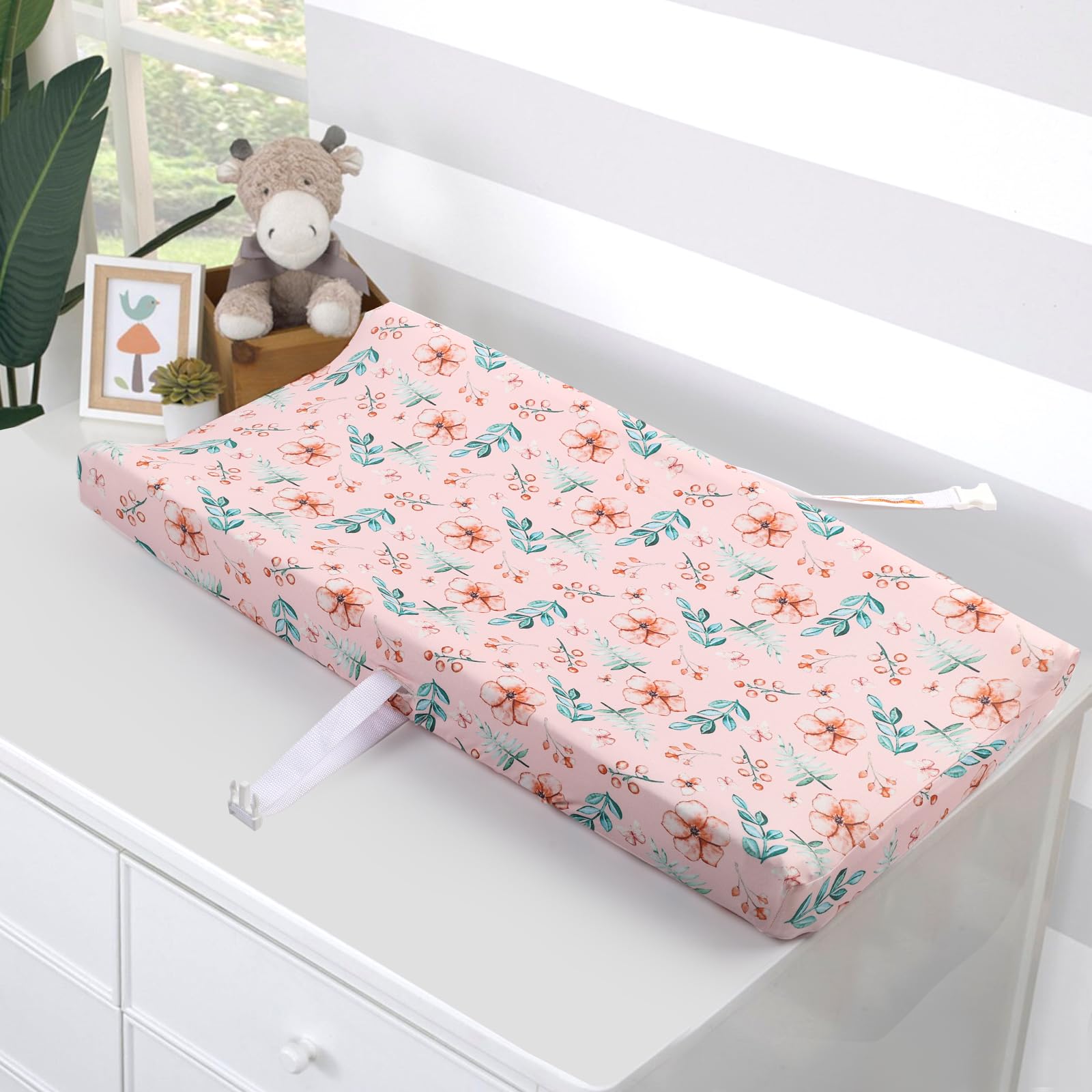 Funda elástica para cambiador de bebé, paquete de 2 unidades, suave, cómoda y segura (flor rosa)