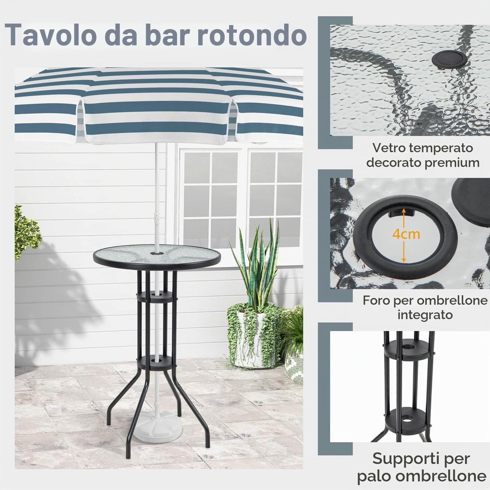 GIANTEX Set da Bistrò, Tavolo Alto Rotondo con Piano in Vetro e 2 Sedie Pieghevoli, Tessuto Traspirante, Set di Mobili per 2 Persone, per Balcone, Terrazza, Giardino (Senza Ombrellone)
