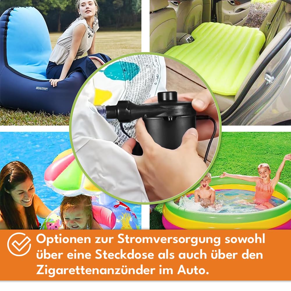 KRUMAD Pompa ad aria elettrica 12 V/230 V 50 W - Pompa a doppia funzione con funzione di gonfiaggio e spurgo - 3 teste per materasso ad aria, piscina, gommoni, letti ad aria e giocattoli