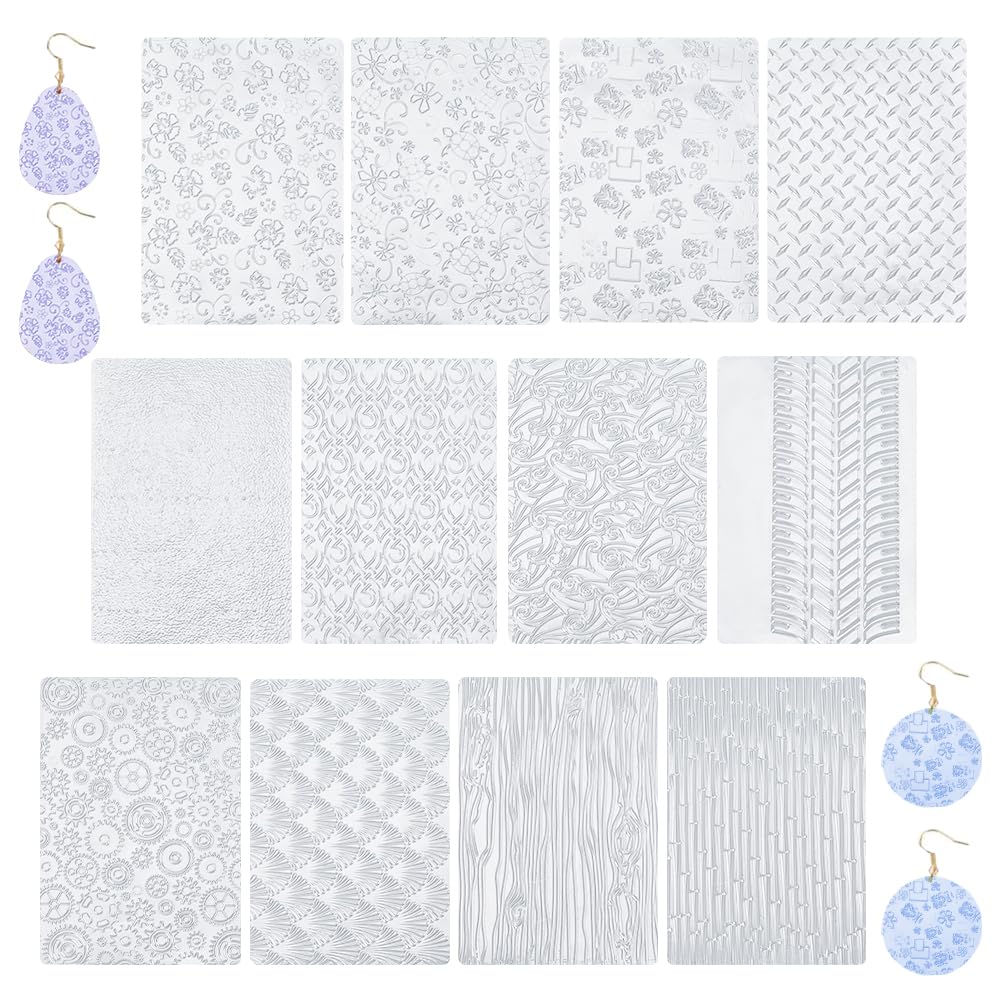 HOBBIESAY 12Pcs Clay Texture Mats DIY Polymer Clay Texture Sheets Pottery Tools Accessories Boho Embossing Texture Roller for Women Earrings Jewelry Making DIY Crafts 7x10 Inch