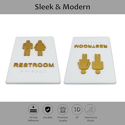 Miniatura 2 de Letrero de acrílico con acabado dorado 3D con braille, letreros de baño, inodoro, hombres, mujeres, moderno, elegante, delgado, decoración