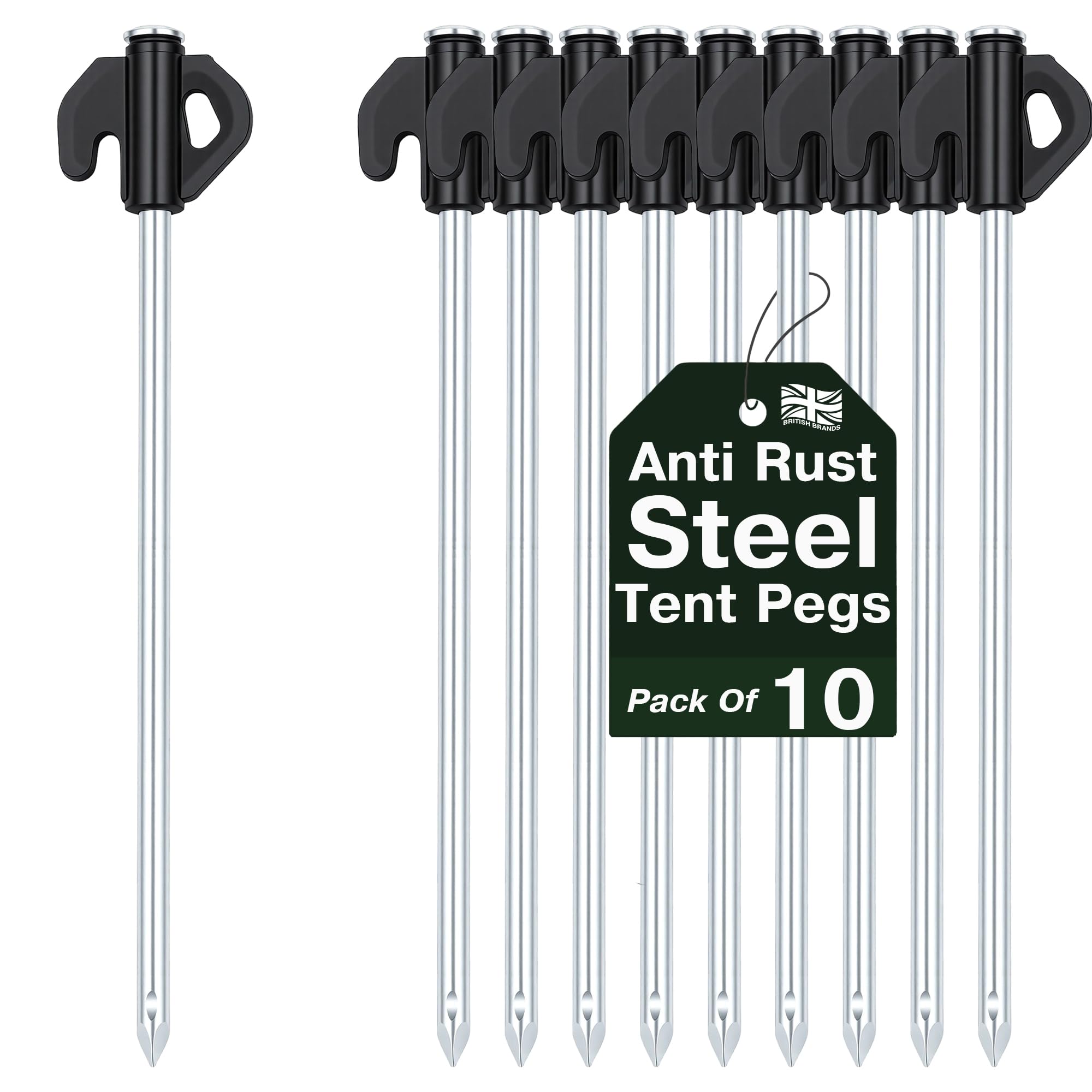 Adventure Peaks Steel Tent Pegs Set of 10 - Zinc Coated Metal Ground Pegs with Plastic Stopper Heads, Extra Strong Camping, Gazebo & Shelter Pegs for Firm Anchoring
