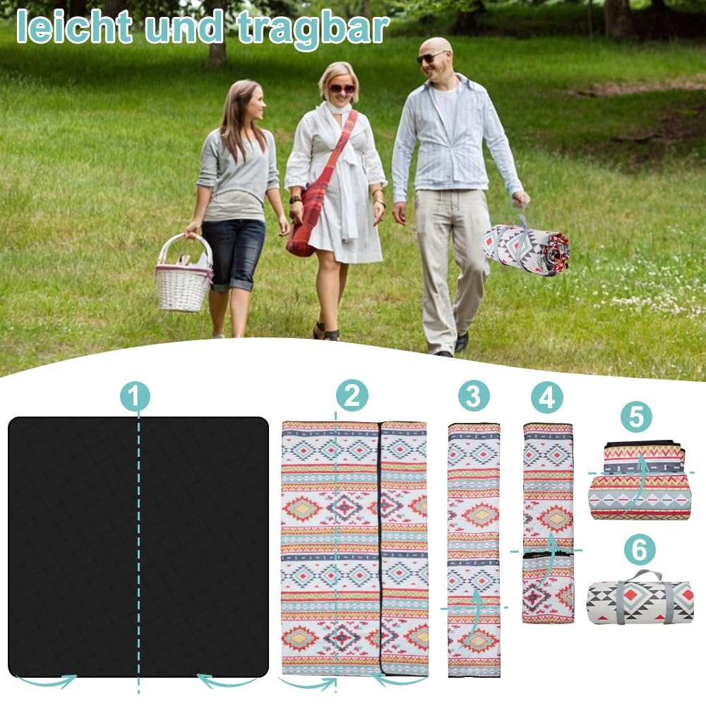 200 x 200cm Couverture de Pique-Nique Imperméable, Tapis de Plage Résistante, Tapis Pique Nique Pliable Et BandoulièRe, Fond imperméable pour Jardin, Camping, Plage et Extérieur
