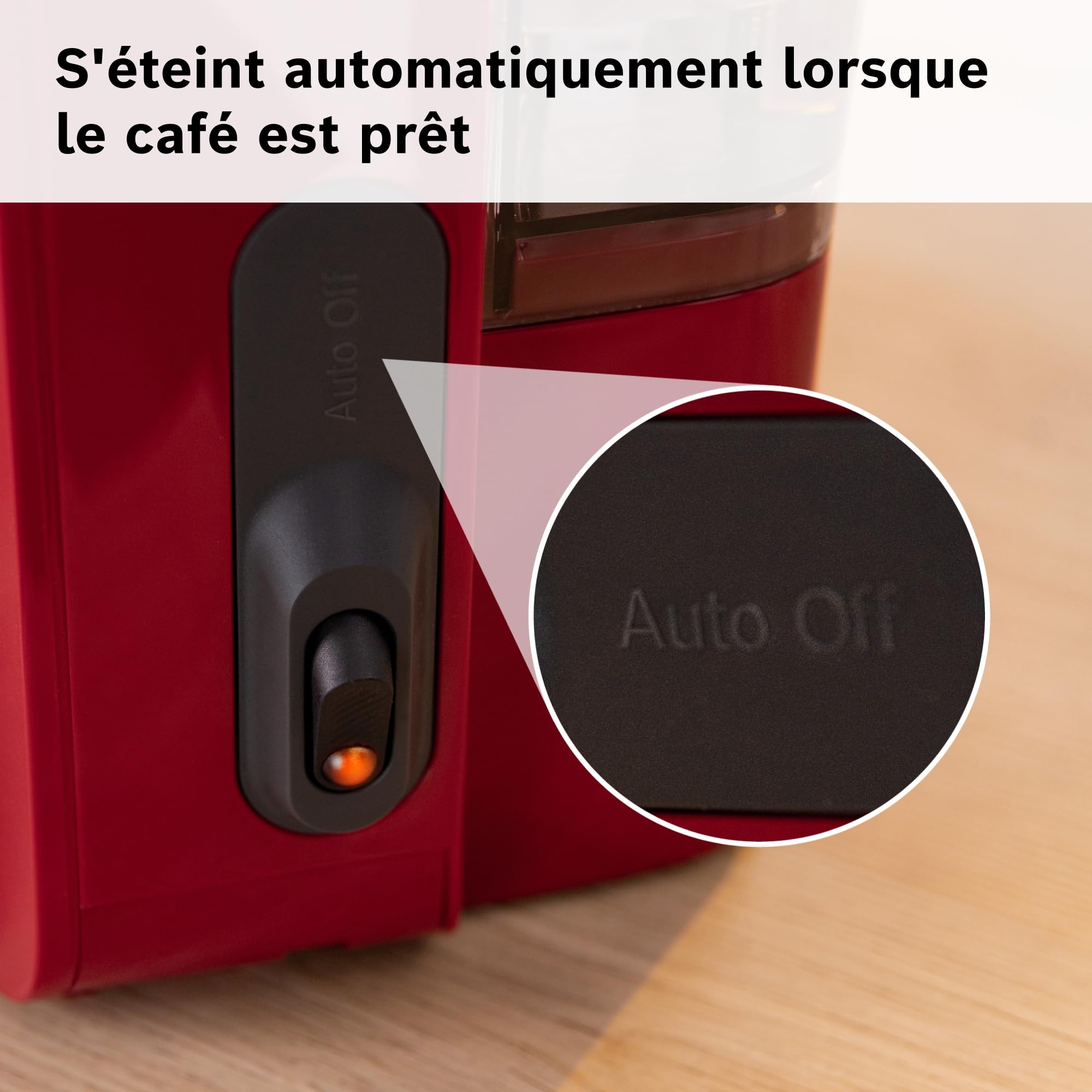 Bosch, machine à café filtre, MyMoment, réservoir d'eau amovible, carafe en verre, arrêt automatique, fonction Anti-Goutte, maintien au chaud 40 minutes, rouge foncé, TKA2M114