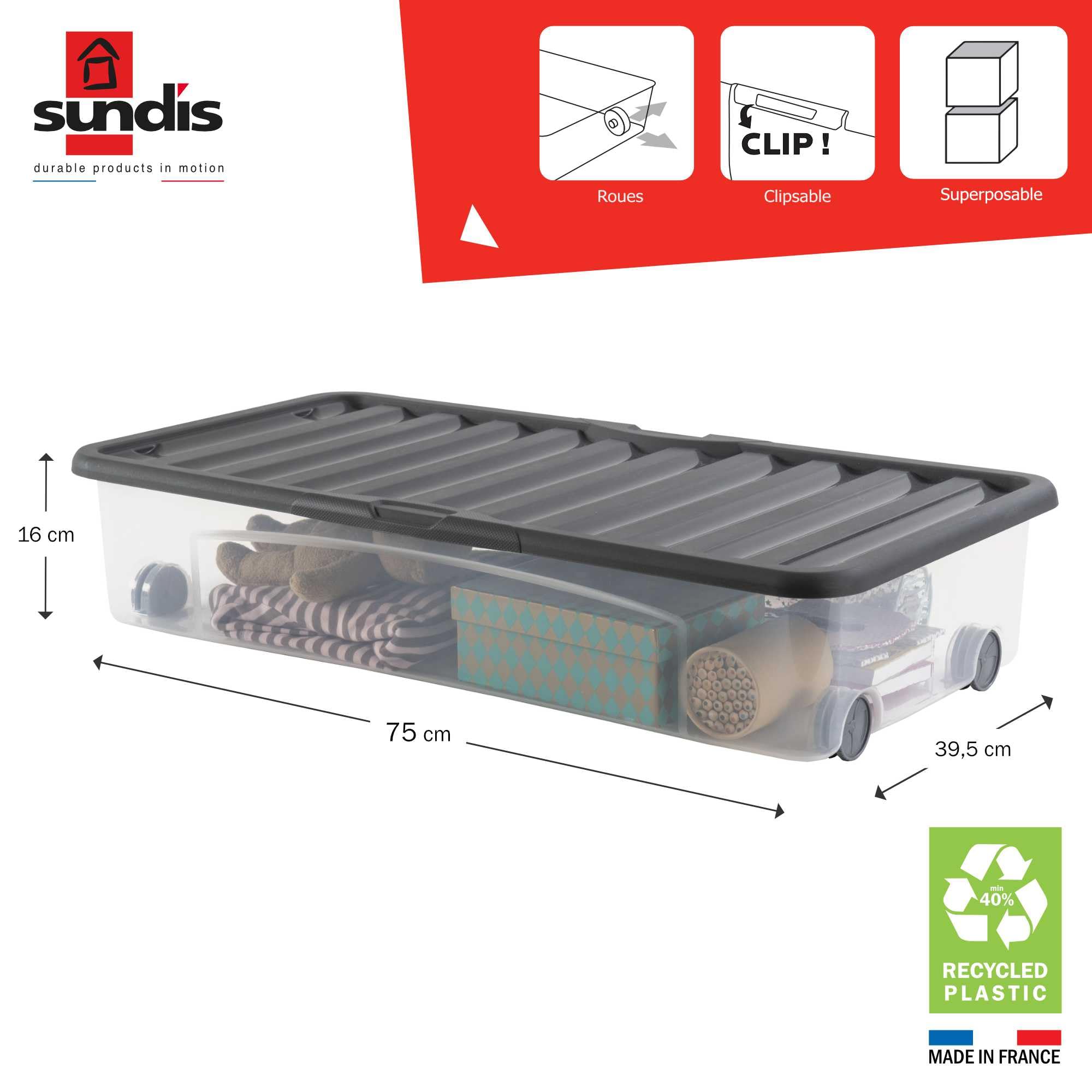 Sundis Ventili, scatola portaoggetti sotto il letto, con coperchio e ruote, 35l, plastica trasparente, impilabile, ideale per riporre biancheria, vestiti, scarpe