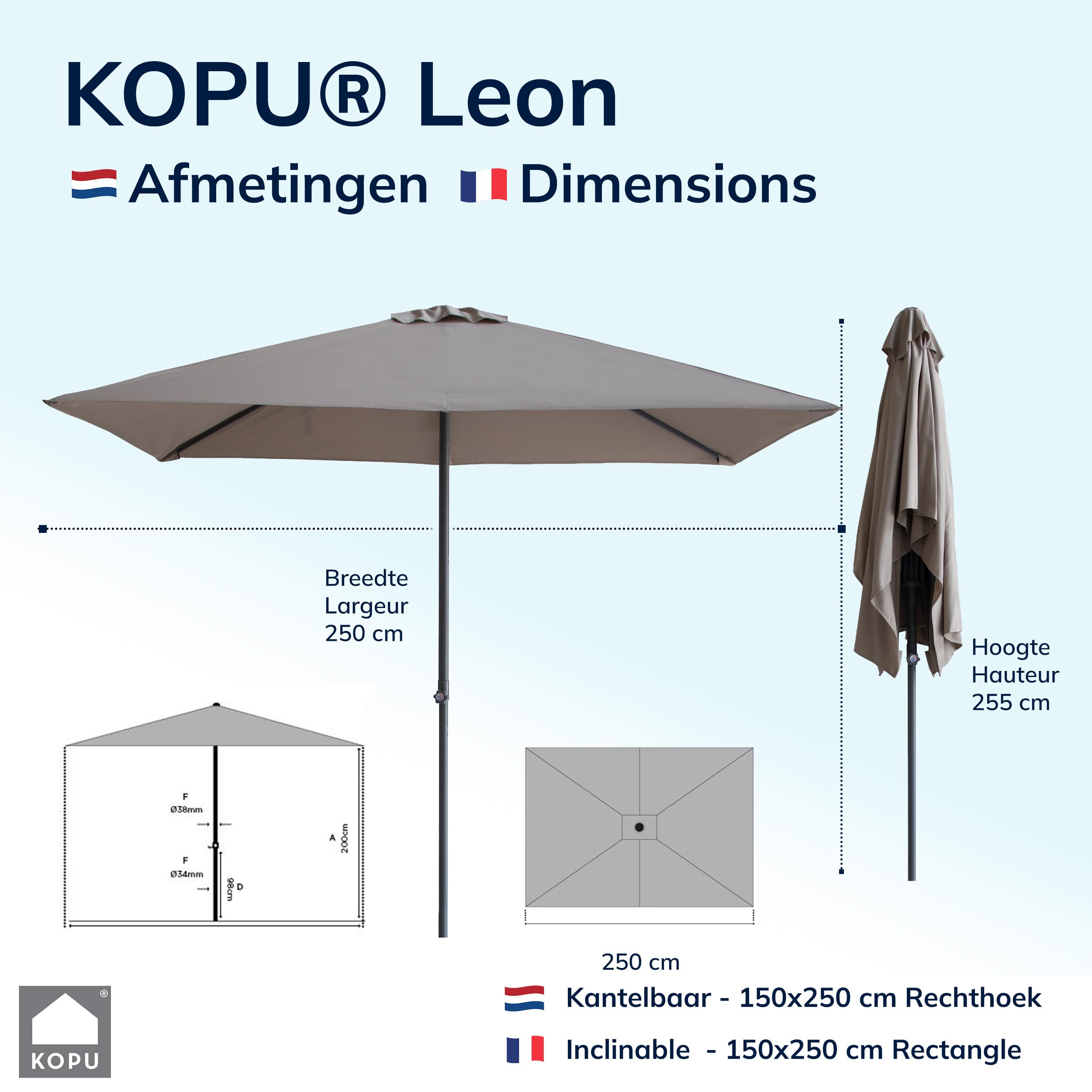KOPU® Leon Sonnenschirm Rechteck 150x250cm mit Hülle - Balkonschirm Taupe