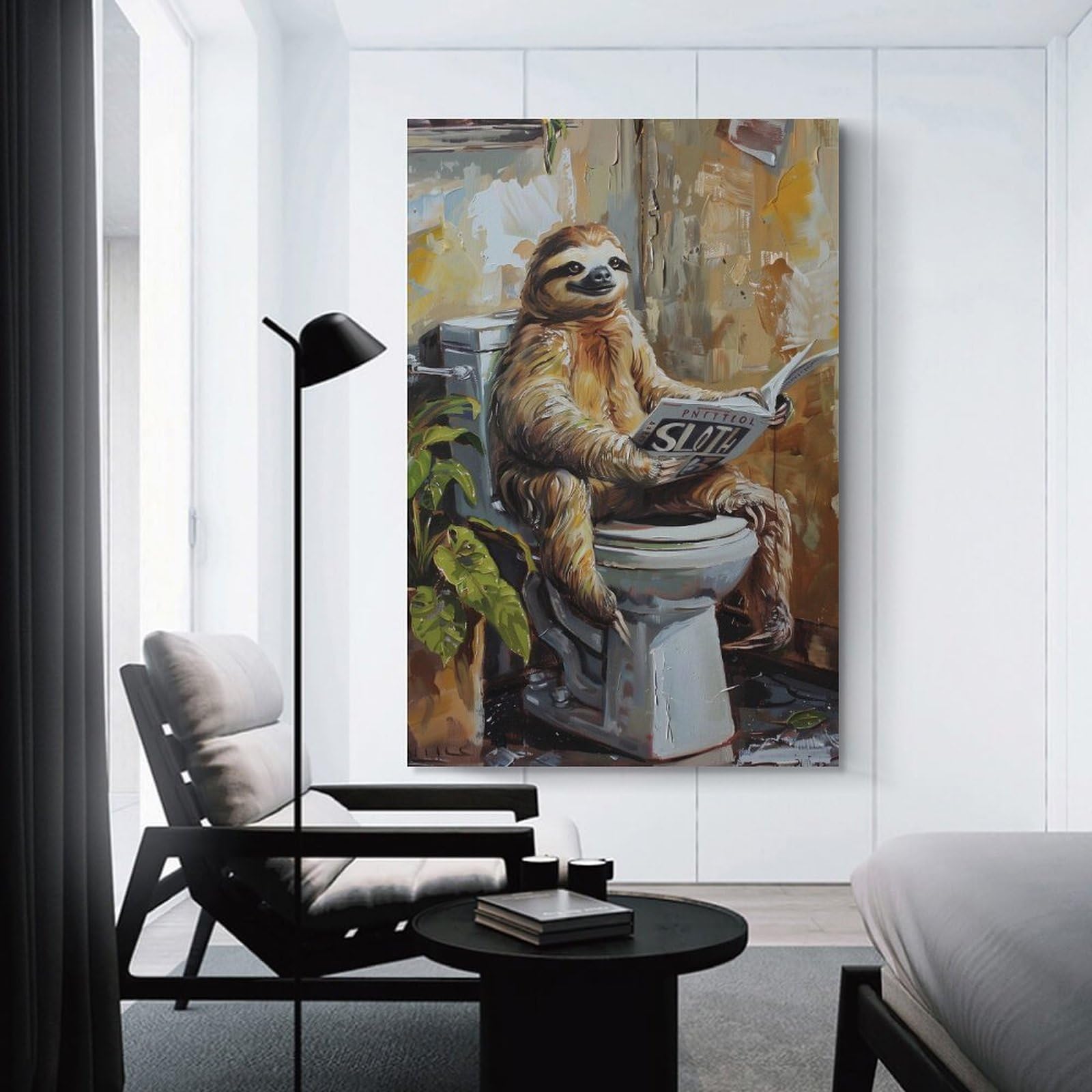 Junmoney Sloth on Toilet Reading Hanging Wall Art 08x12inch(20x30cm), for Gallery Wall Decor And Room Displays, A Versatile Canvas Print for Layering