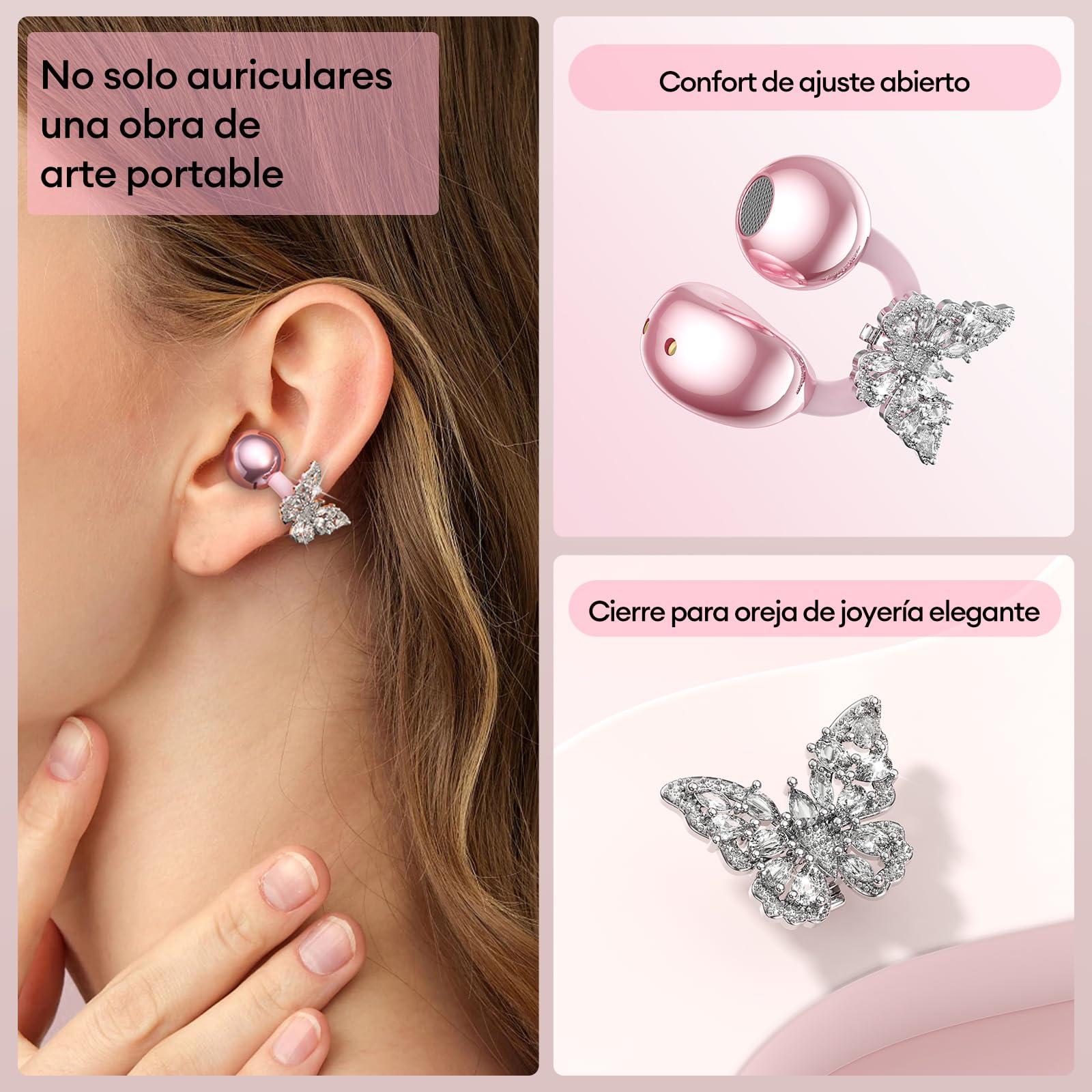 Auriculares Oreja Abierta Inalambricos Bluetooth con Pantalla LED y Decoración de Mariposa, Clip Abierto, Estilo Moderno, Sonido Envolvente, Auriculares Open Ear para Mujeres Elegantes, M100 Rosa