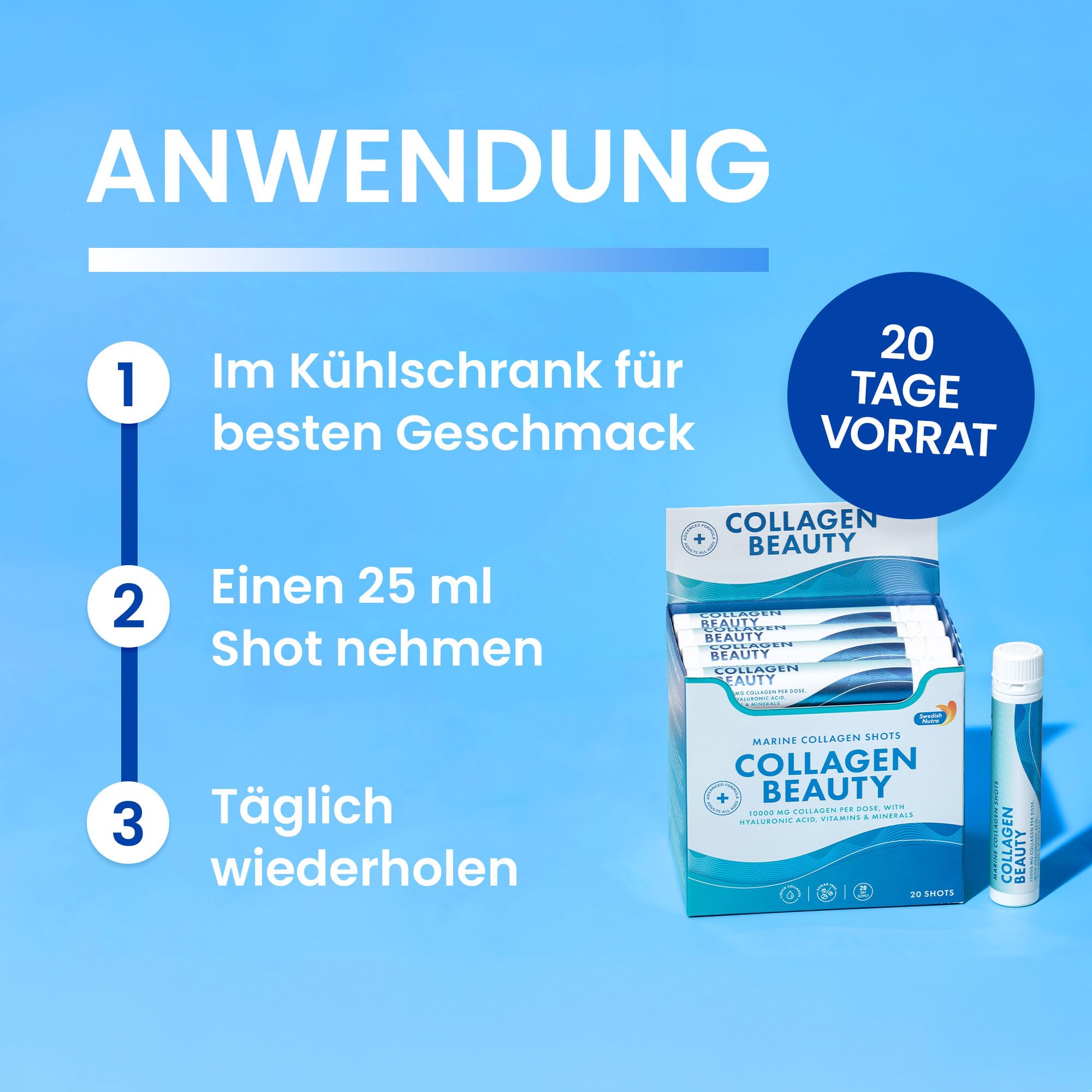 Swedish Nutra Collagen Beauty Shots 25 ml, 10.000 mg Kollagen 20 Ampullen