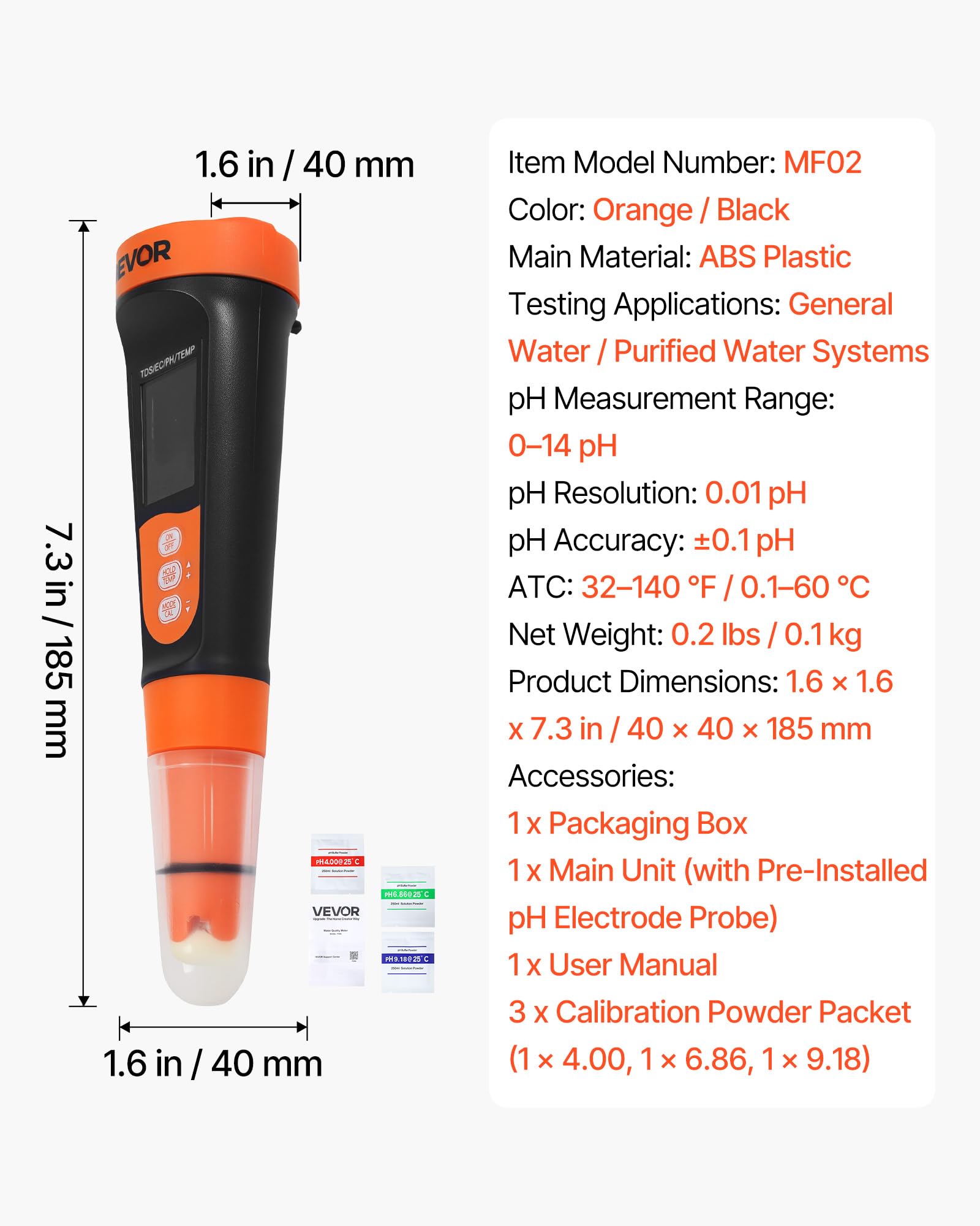 VEVOR Misuratore di pH da Laboratorio, Misurazione Multiparametrica Accurata di pH/EC/TDS, Sonda Impermeabile IP68, Kit Tascabile con Bustine di Polvere di Calibrazione, Display VA, per Analisi Acqua