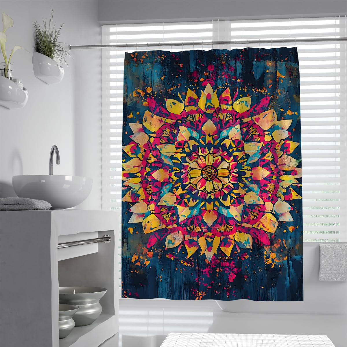 UERWOWELL Rustic Vintage Shower Curtain for Bathroom Decor Geometric Lotus Flower Fabric Bath Curtains Boho Meditation Bathtub Curtain Waterproof W180xL220 cm