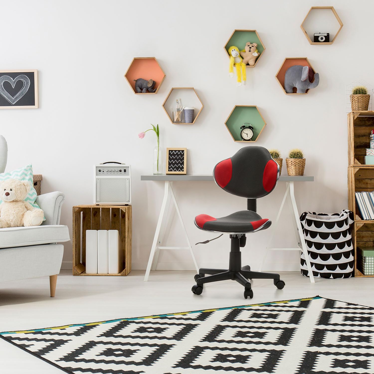 hjh OFFICE 633002 Silla Escritorio para niños KIDDY GTI-2 Tejido Gris/Rojo, ergonómico Silla Juvenil, Altura Ajustable