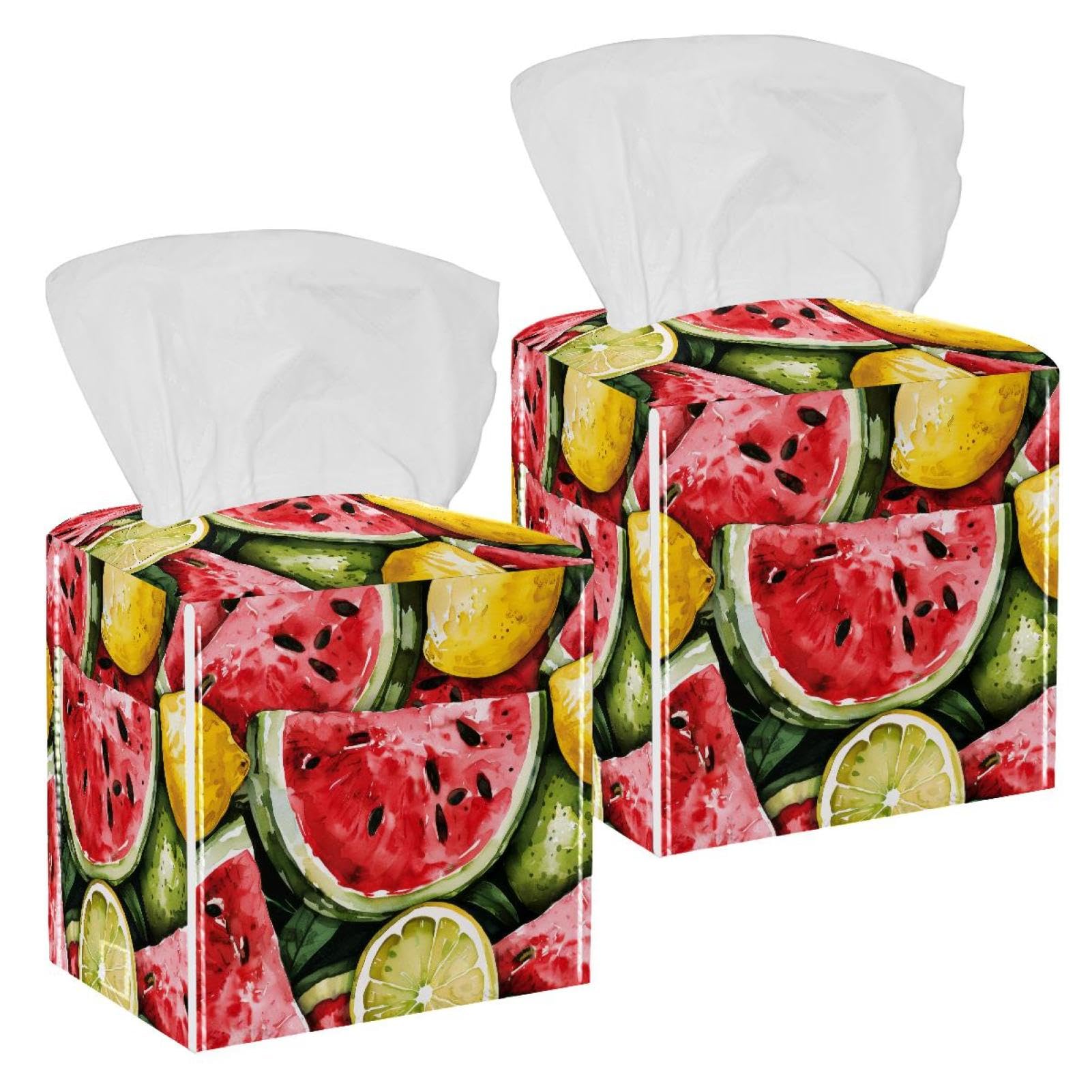 Watermelon Tissue Box Cover, 2 Pack PU Leather Square Facial Tissue Dispenser Box holder for Home Office Car