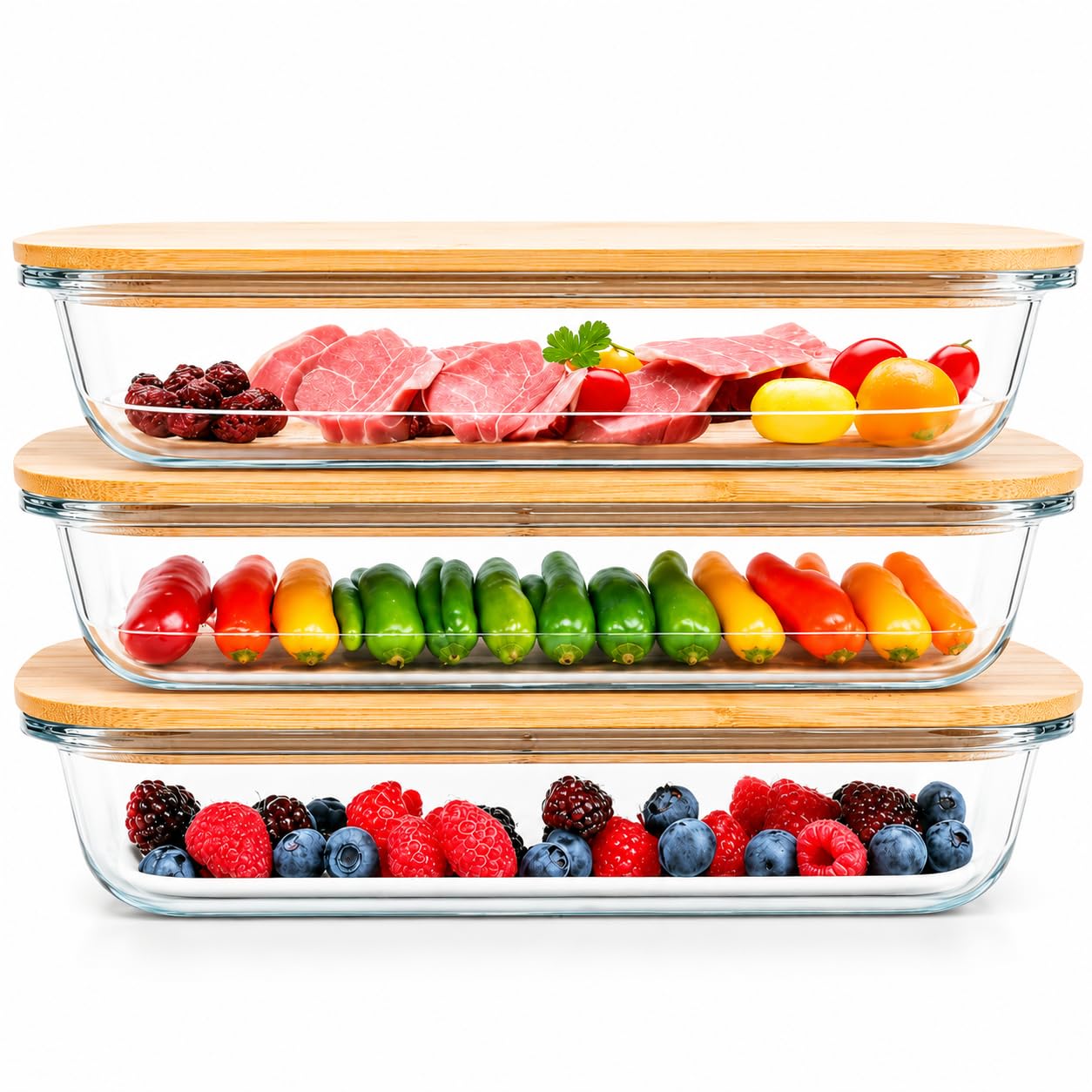Good Lifestyle - Set di 3 scatole per salumi, per frigorifero, in vetro, con coperchio in legno, impilabili, salsicce e formaggi