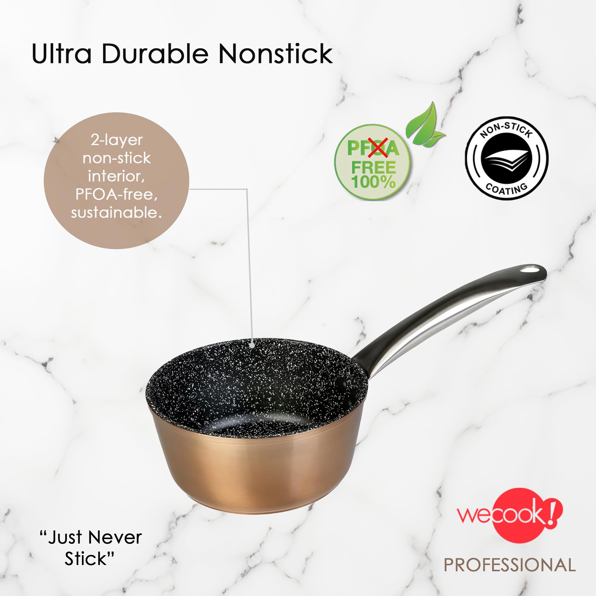 WECOOK! Professional Cazo Inducción 14 cm, Antiadherente Ecológico sin PFOA, Aluminio Forjado, Color Cobre, 2,8 mm Espesor, Asas de Acero Inoxidable, Vitrocerámica, Gas, Horno, Lavavajillas